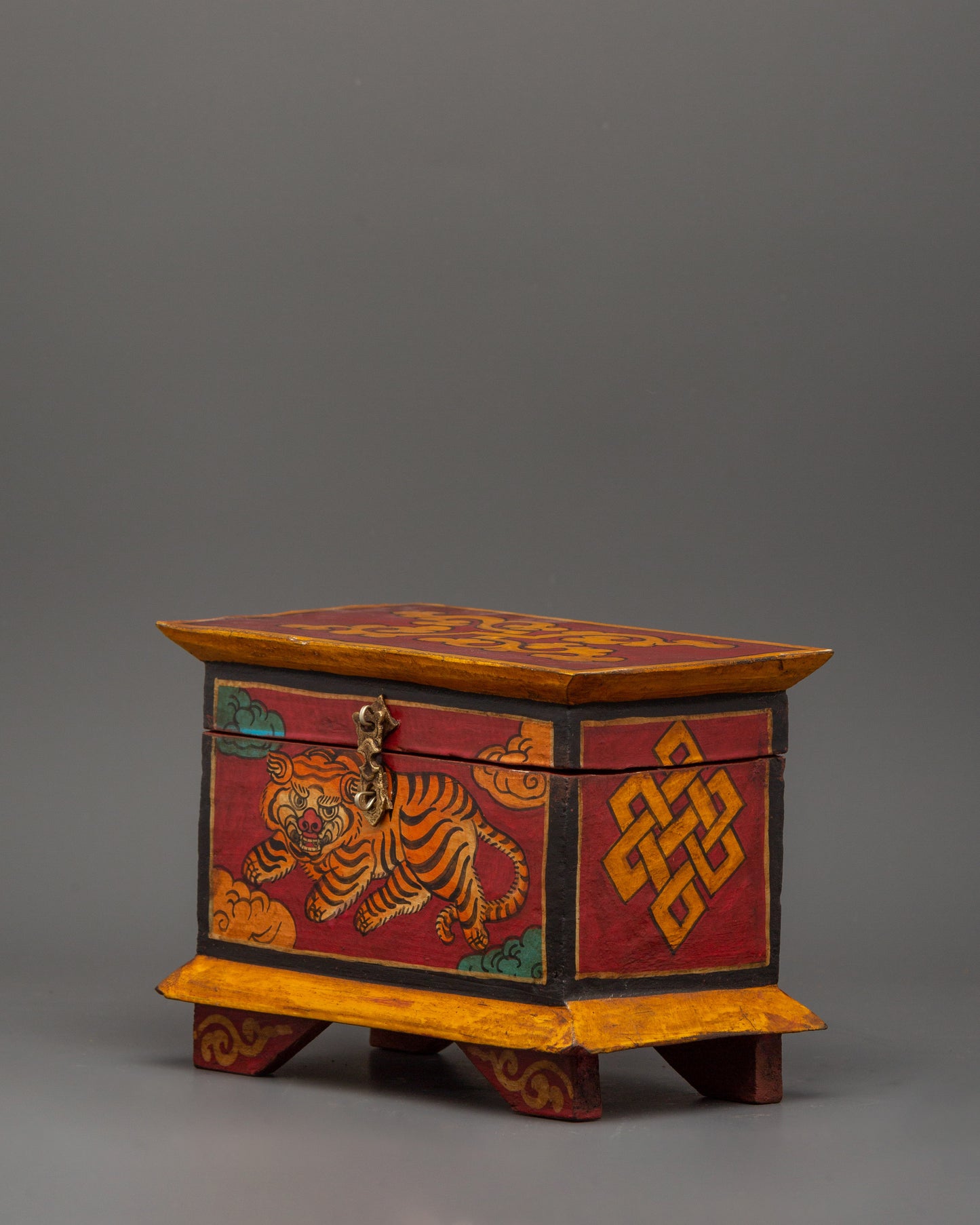 Hand-Painted Wooden Tiger Box | Tibetan Spiritual Storage Chest