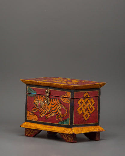 Hand-Painted Wooden Tiger Box | Tibetan Spiritual Storage Chest