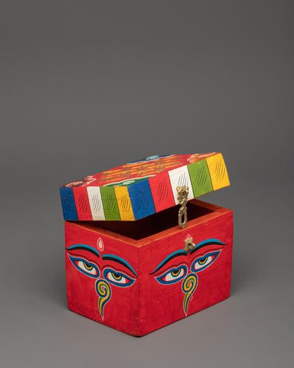 Wooden Box with Buddha Eyes | Tibetan Prayer Flag Colors