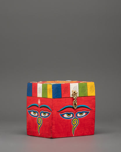 Wooden Box with Buddha Eyes | Tibetan Prayer Flag Colors