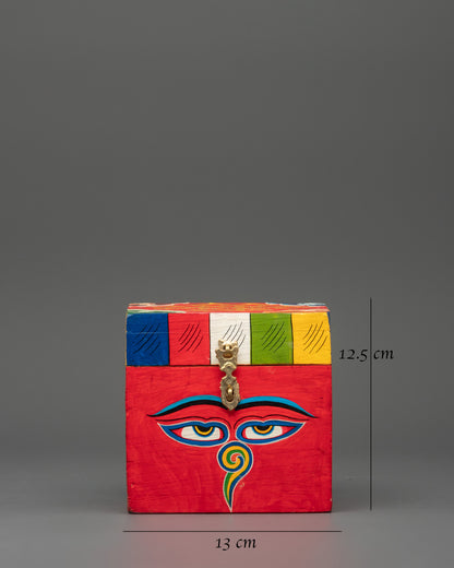 Wooden Box with Buddha Eyes | Tibetan Prayer Flag Colors