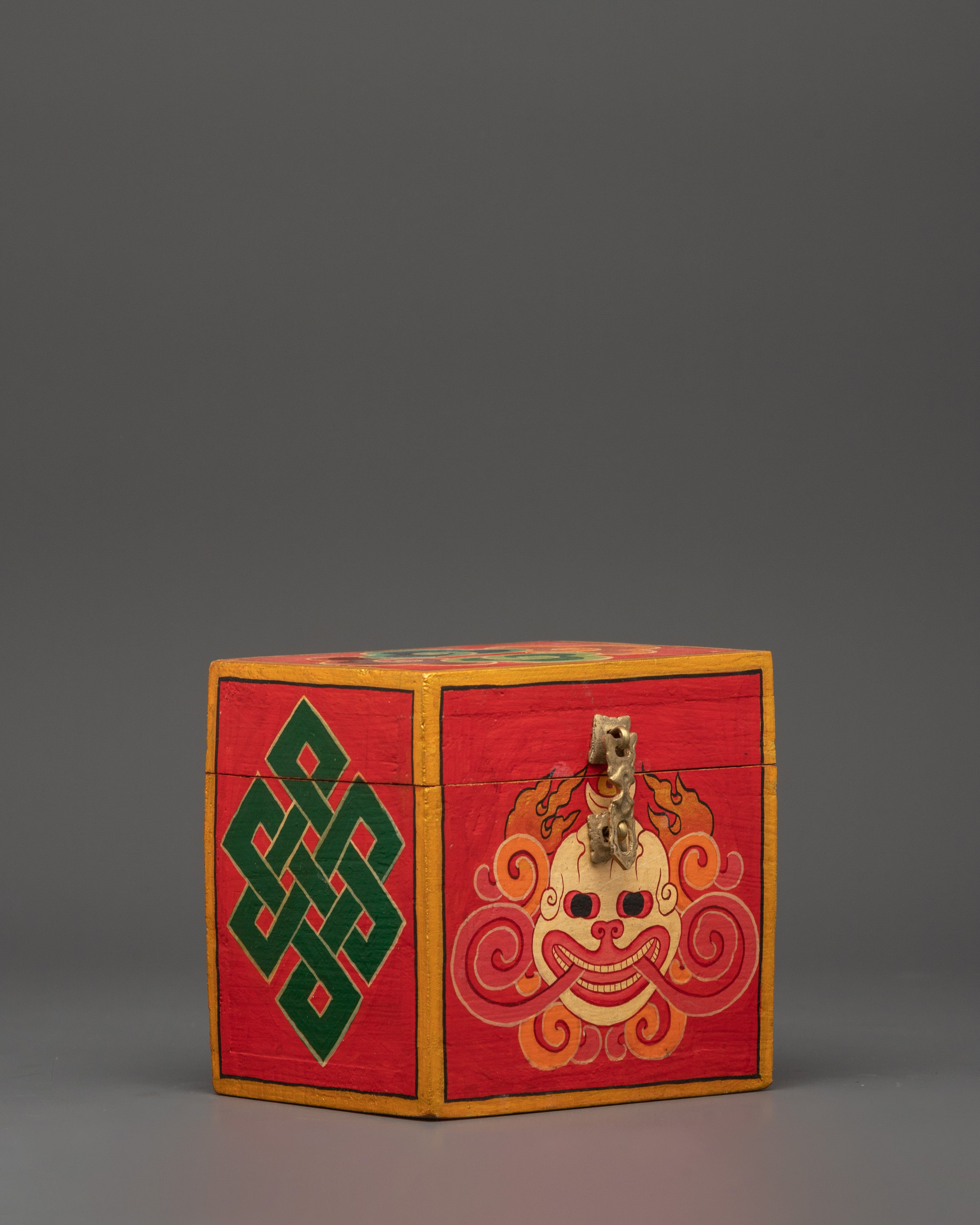 Tibetan Box Featuring A Wrathful Deity Face | Altar Decor For Protection