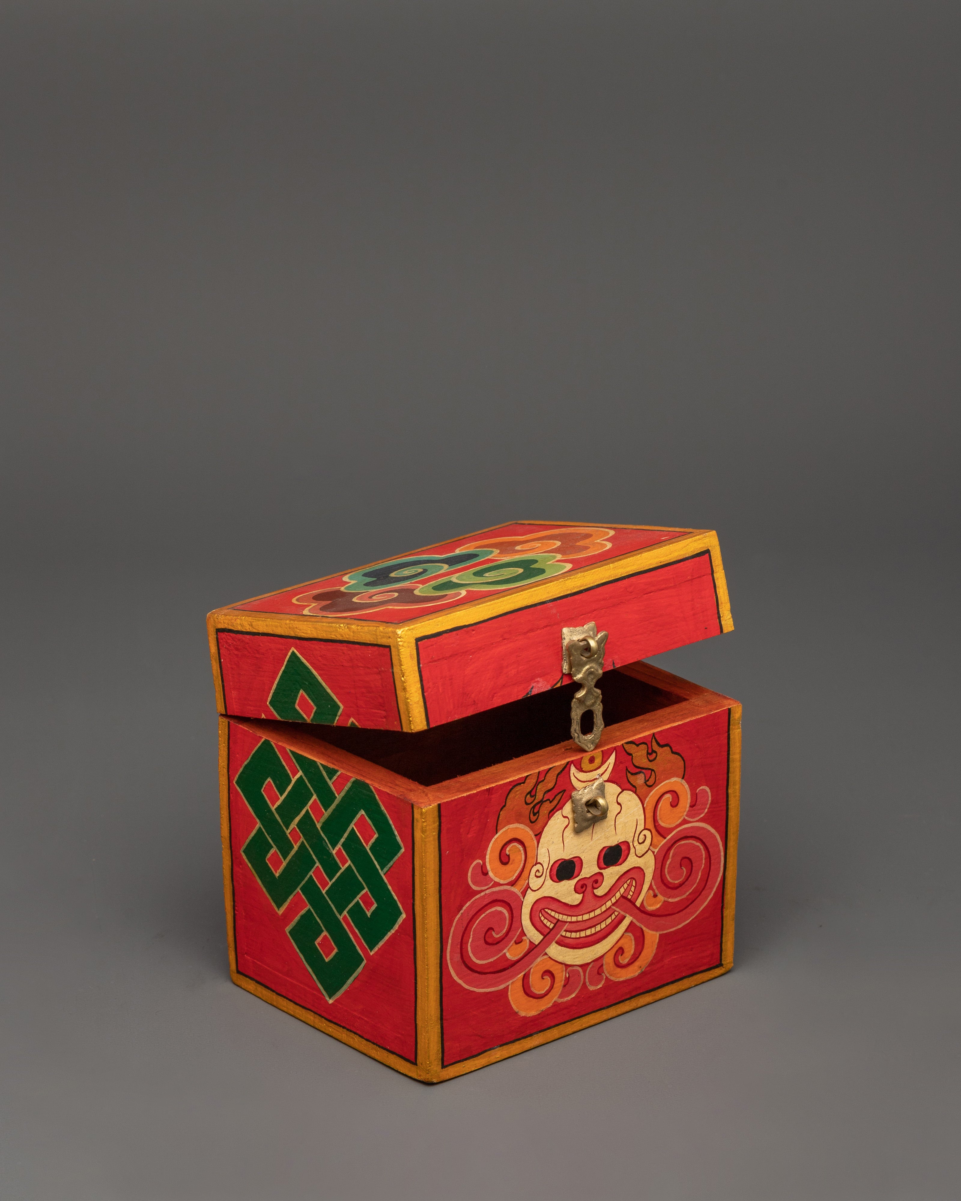 Tibetan Box Featuring A Wrathful Deity Face | Altar Decor For Protection