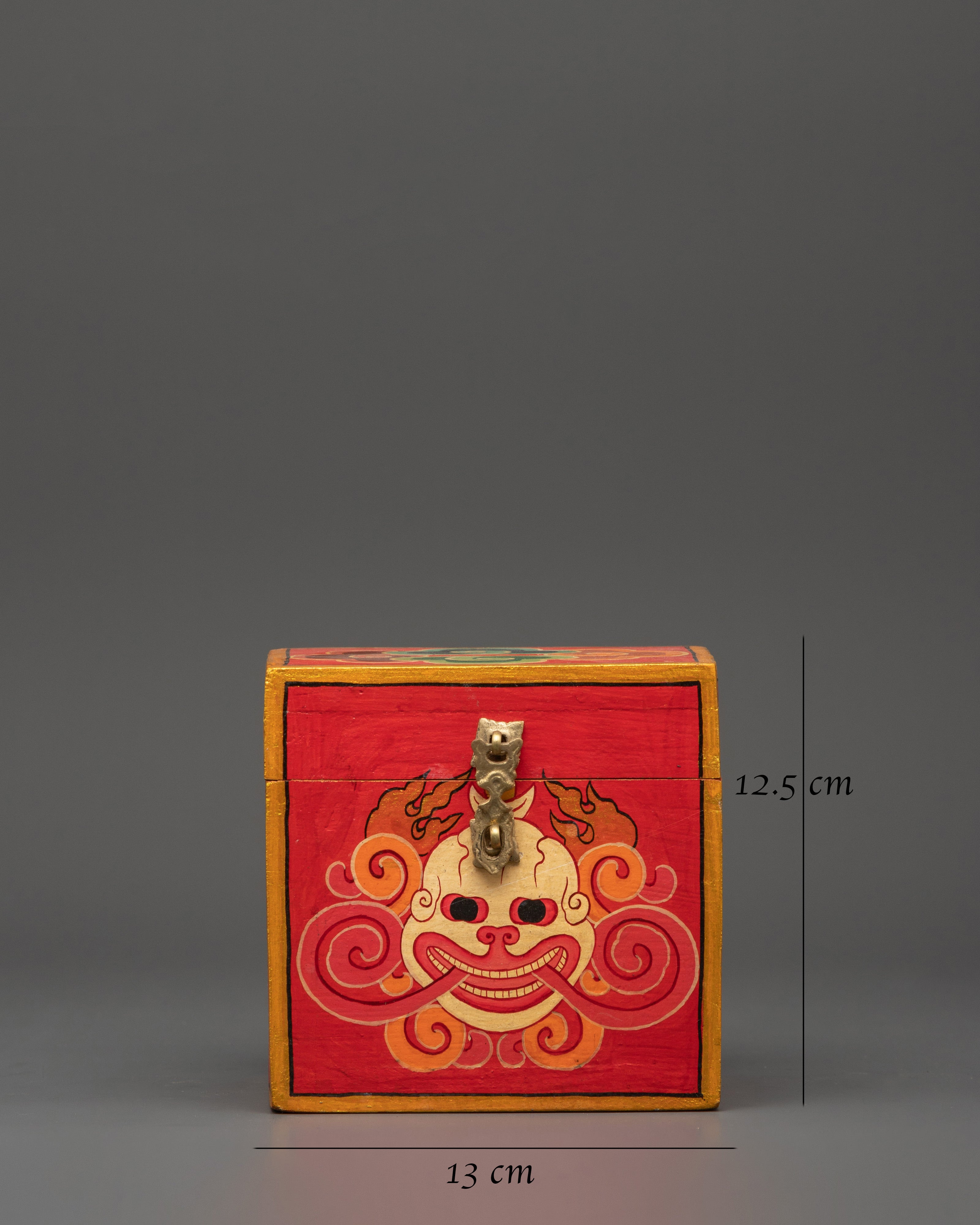 Tibetan Box Featuring A Wrathful Deity Face | Altar Decor For Protection