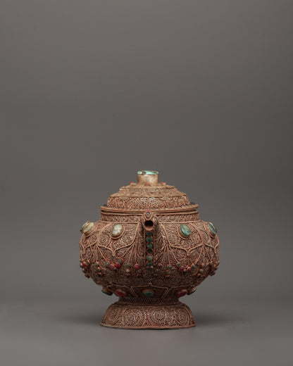 Handcrafted Religious Tea Pot | Spiritual Copper Tea Pot with Filigree Work