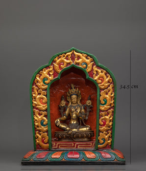 Vintage 25+ year old  Green Tara Sculpture With Wooden Throne | Handmade Buddhist Female Goddess