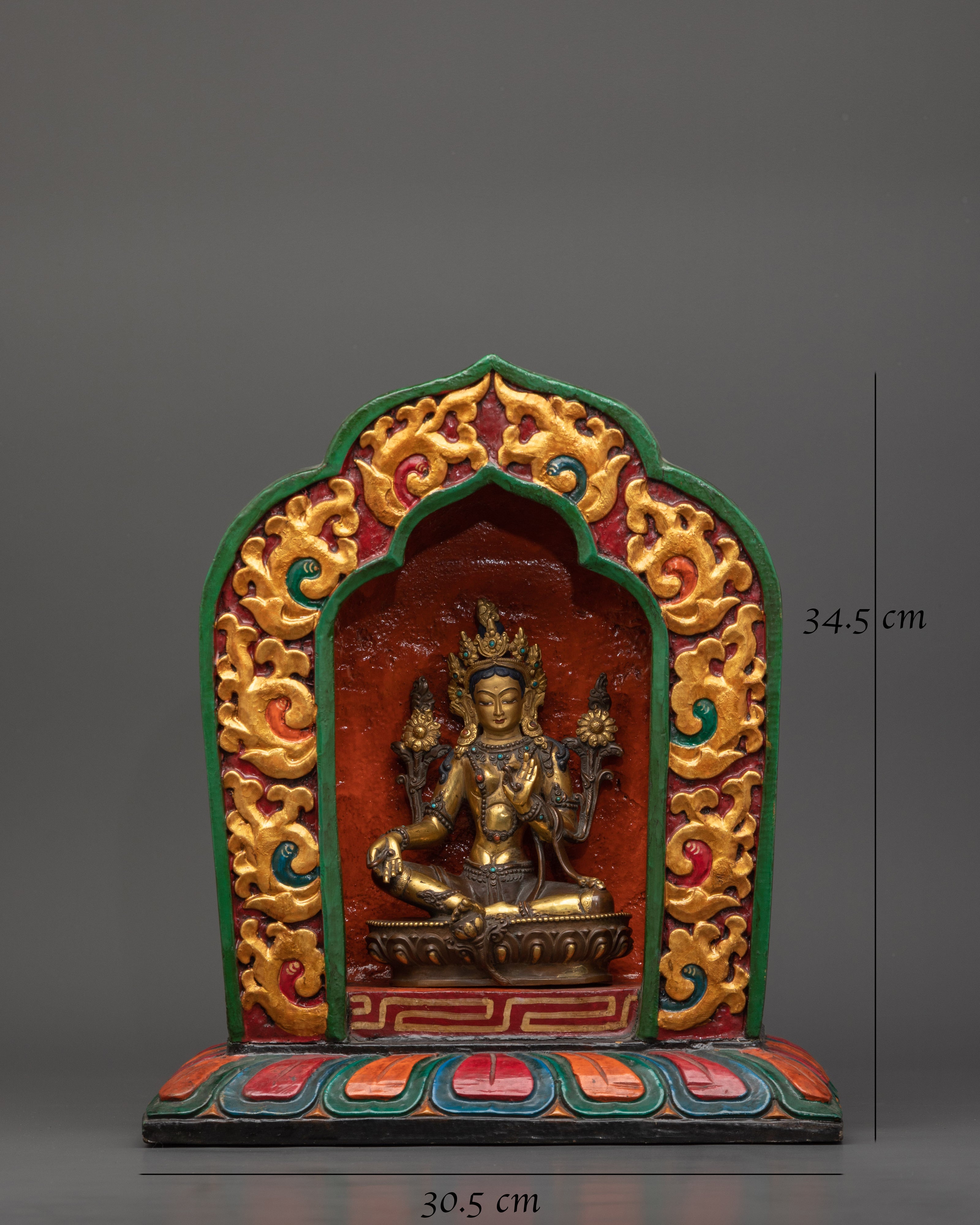 Vintage 25+ year old Green Tara Sculpture With Wooden Throne | Buddhist Female Goddess