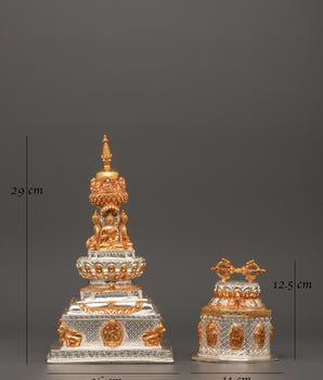 Tibetan Stupa and Vajra Set | Sacred Copper Ritual Items with Gold & Silver Plating