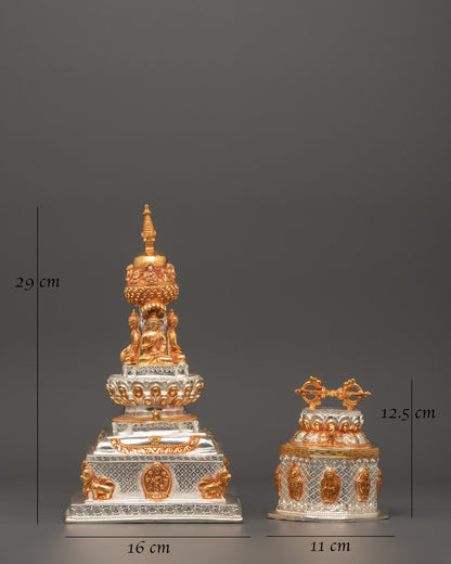 Tibetan Stupa and Vajra Set | Sacred Copper Ritual Items with Gold & Silver Plating