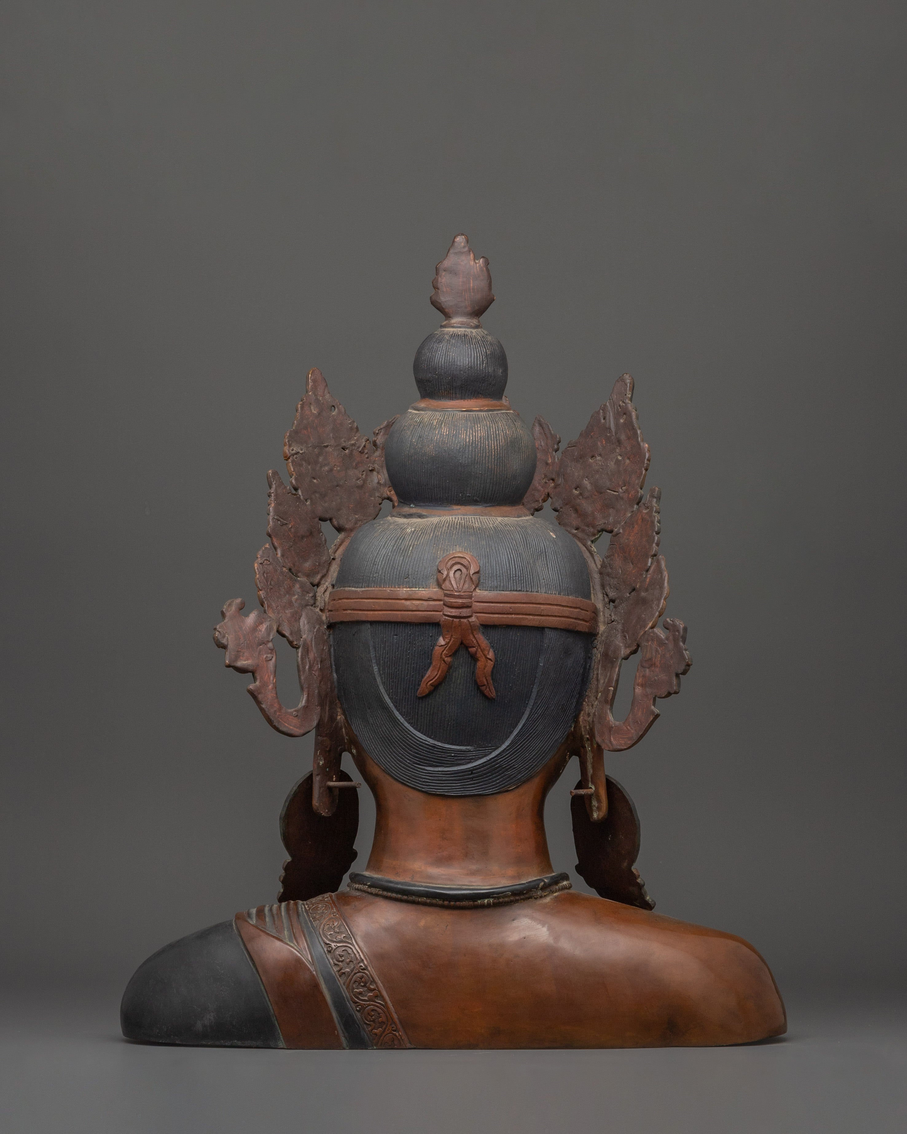 Crowned Buddha Head Sculpture | Oxidized Copper Bust with Coral Inlay