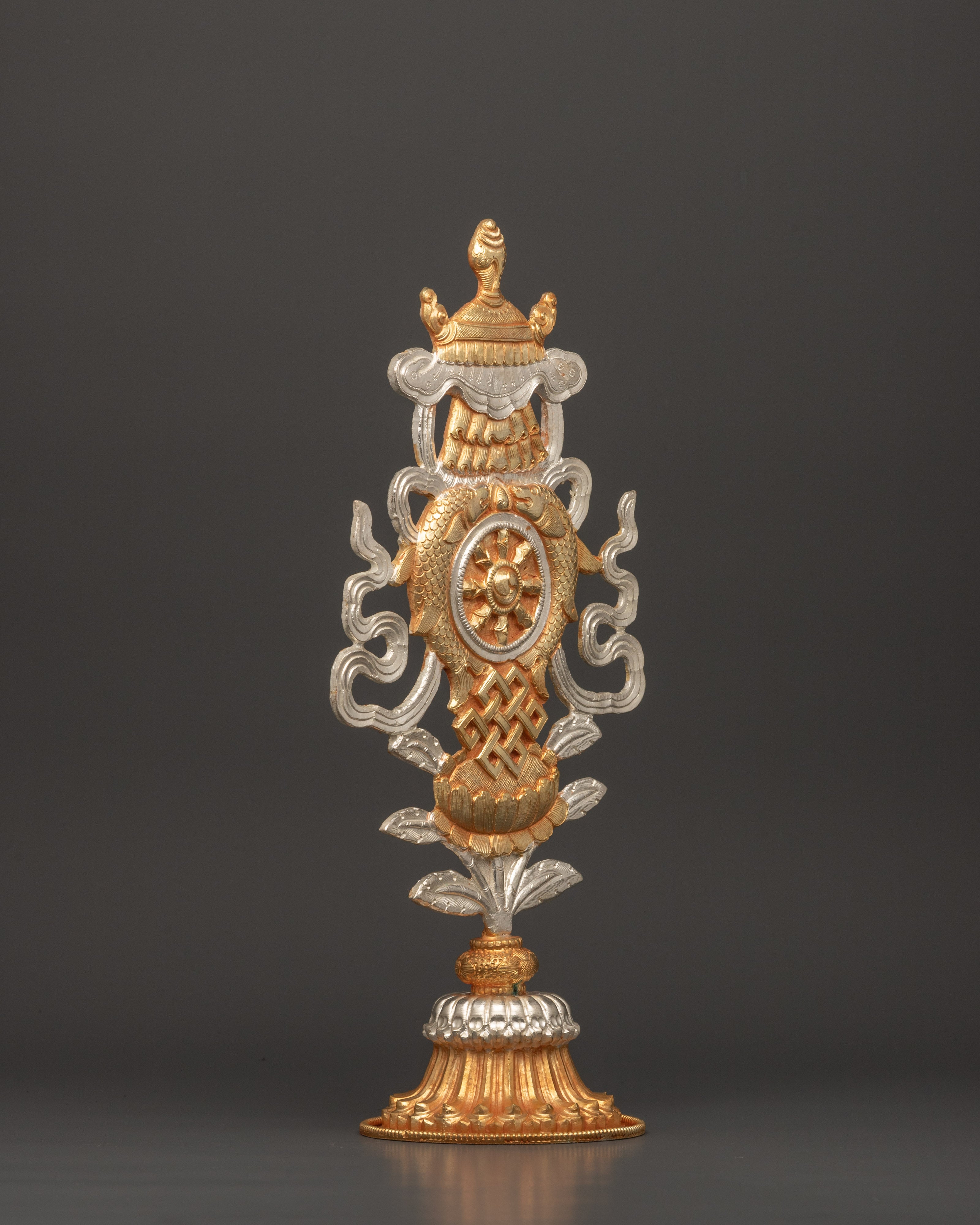 Buddhist Auspicious Symbol Altar Decor | Electro Gold & Silver Plated Tibetan Art