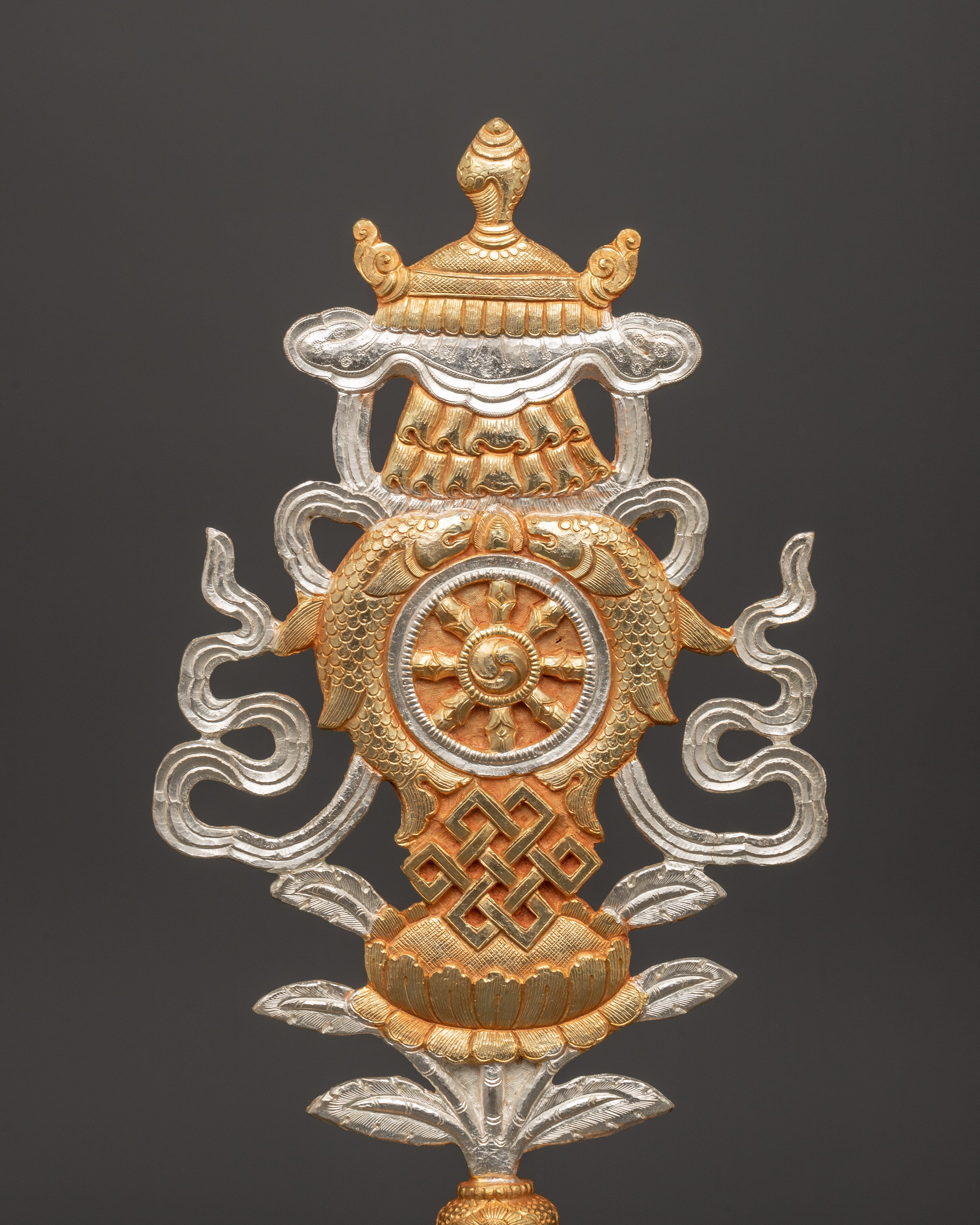Buddhist Auspicious Symbol Altar Decor | Electro Gold & Silver Plated Tibetan Art
