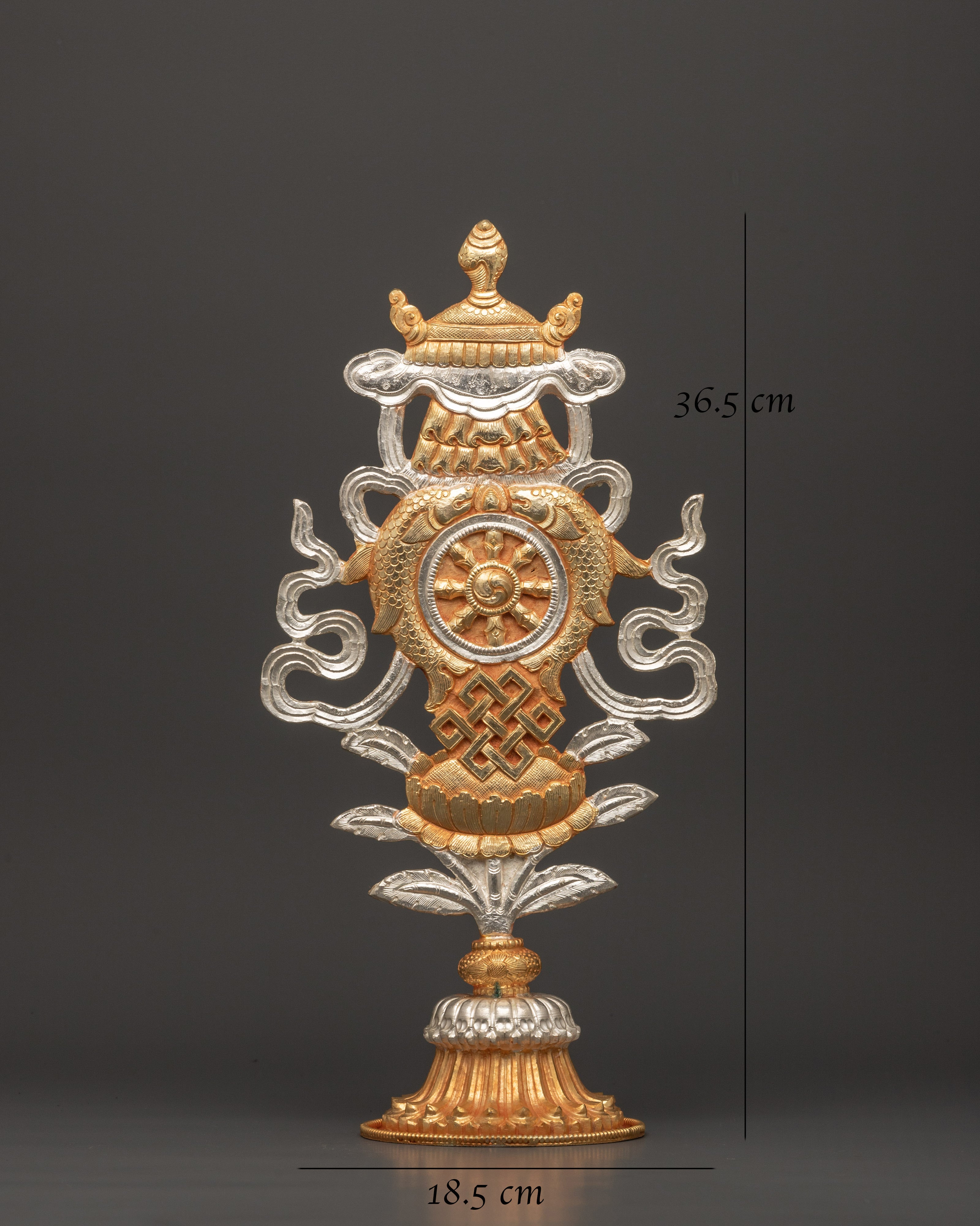 Buddhist Auspicious Symbol Altar Decor | Electro Gold & Silver Plated Tibetan Art