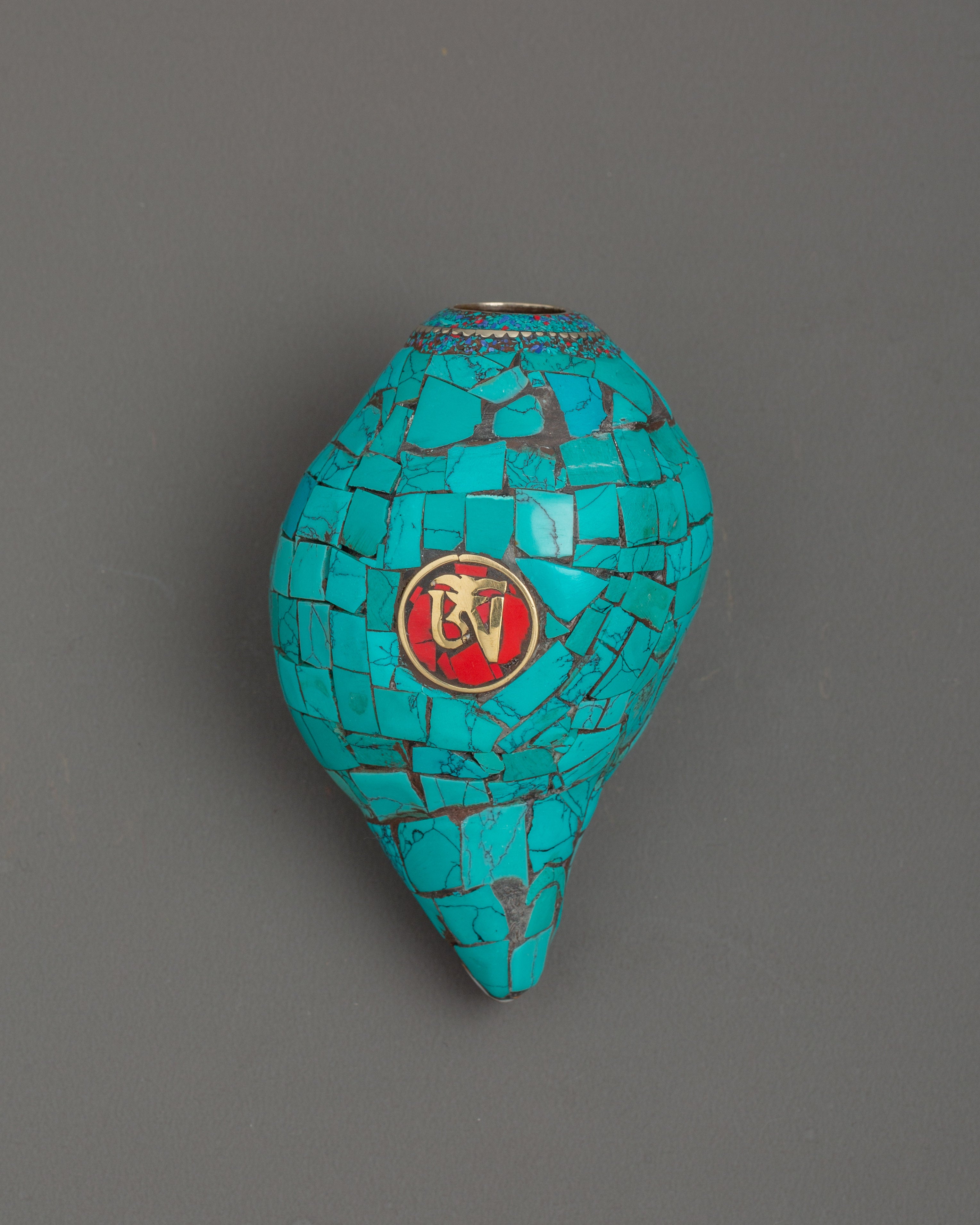 Conch Shell With Turquoise and Coral Stones | Buddhist Ritual Conch