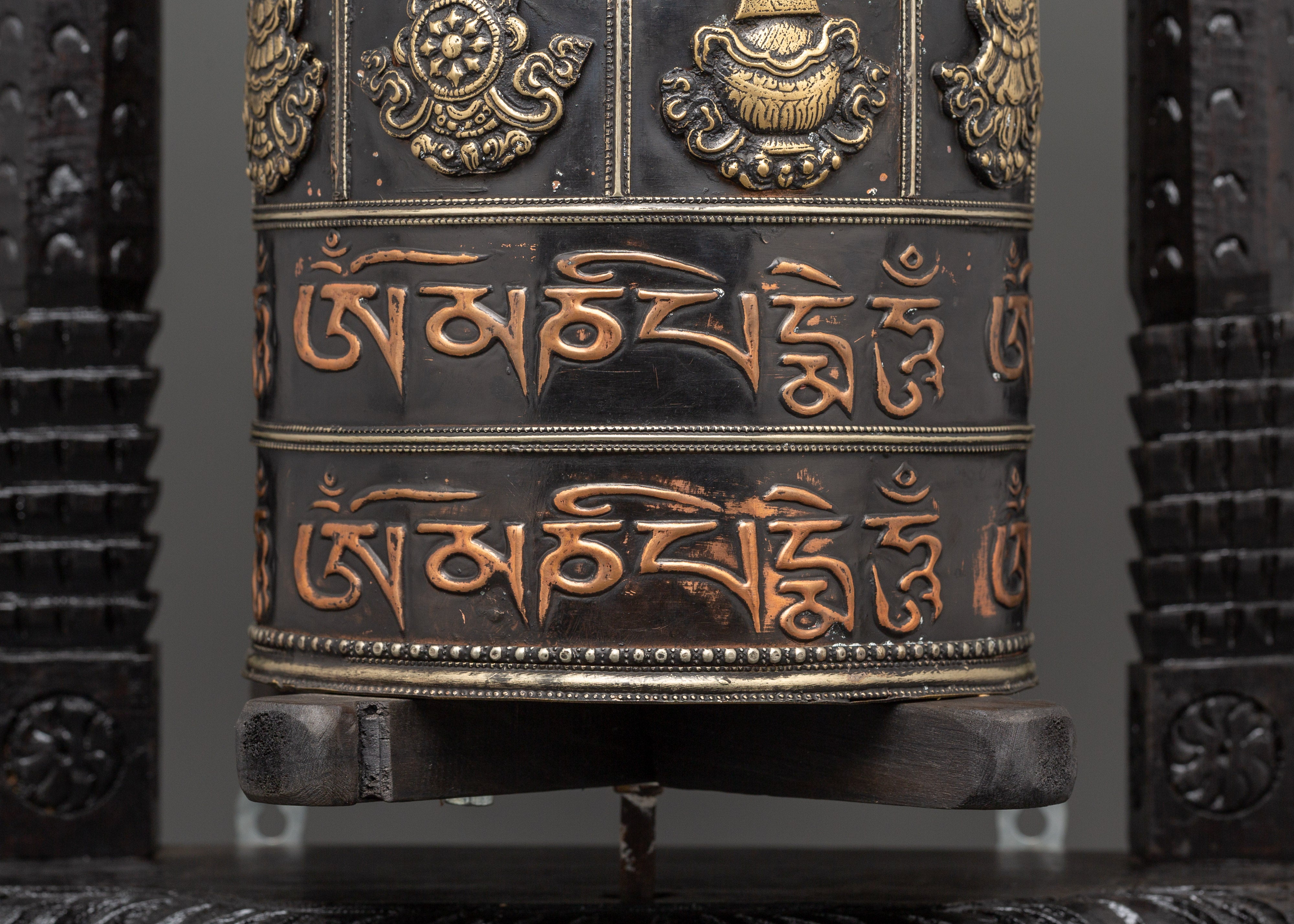 Prayer Wheel Carved with Wooden Frame | Copper & Brass Mantra Wheel