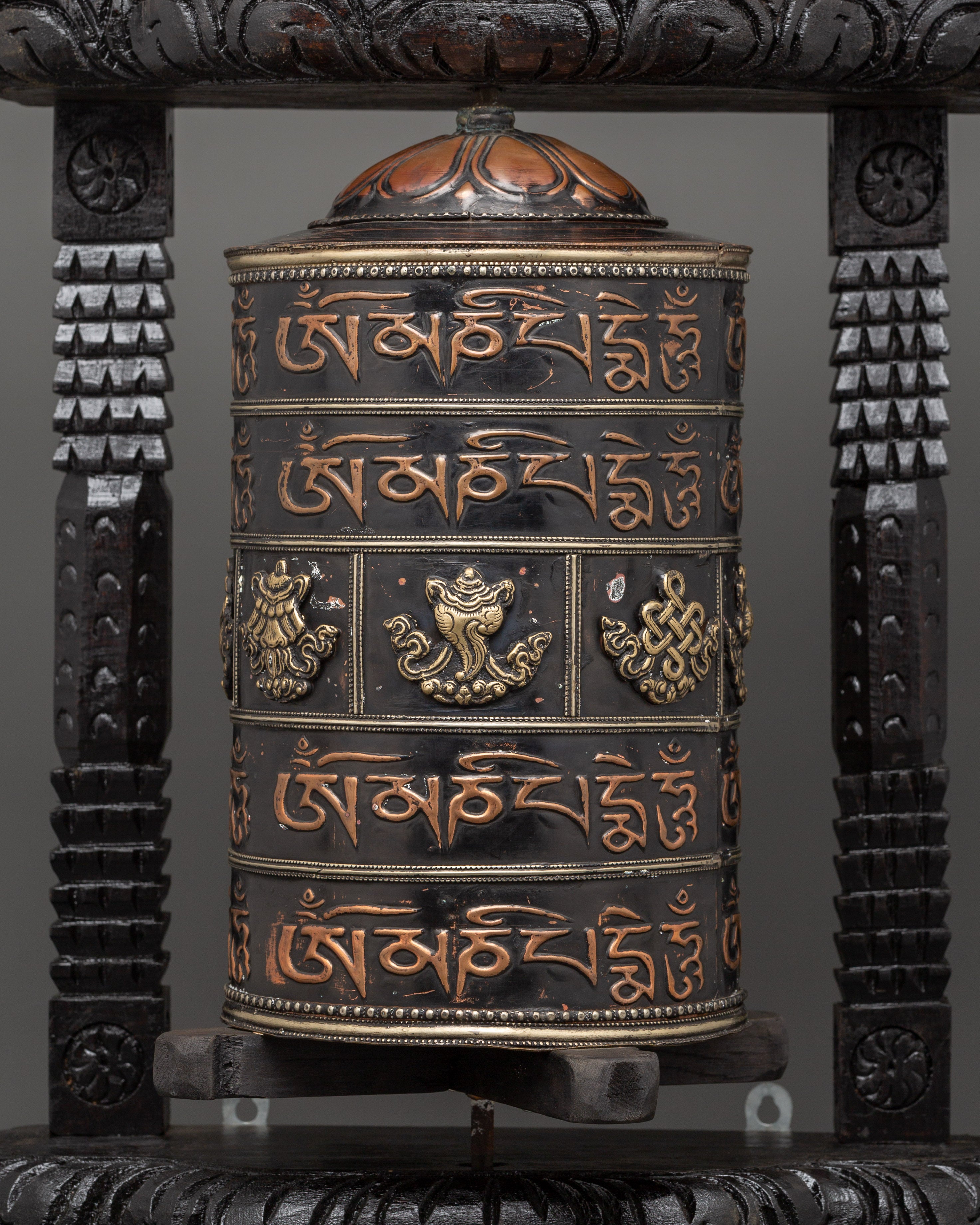 Prayer Wheel Carved with Wooden Frame | Copper & Brass Mantra Wheel