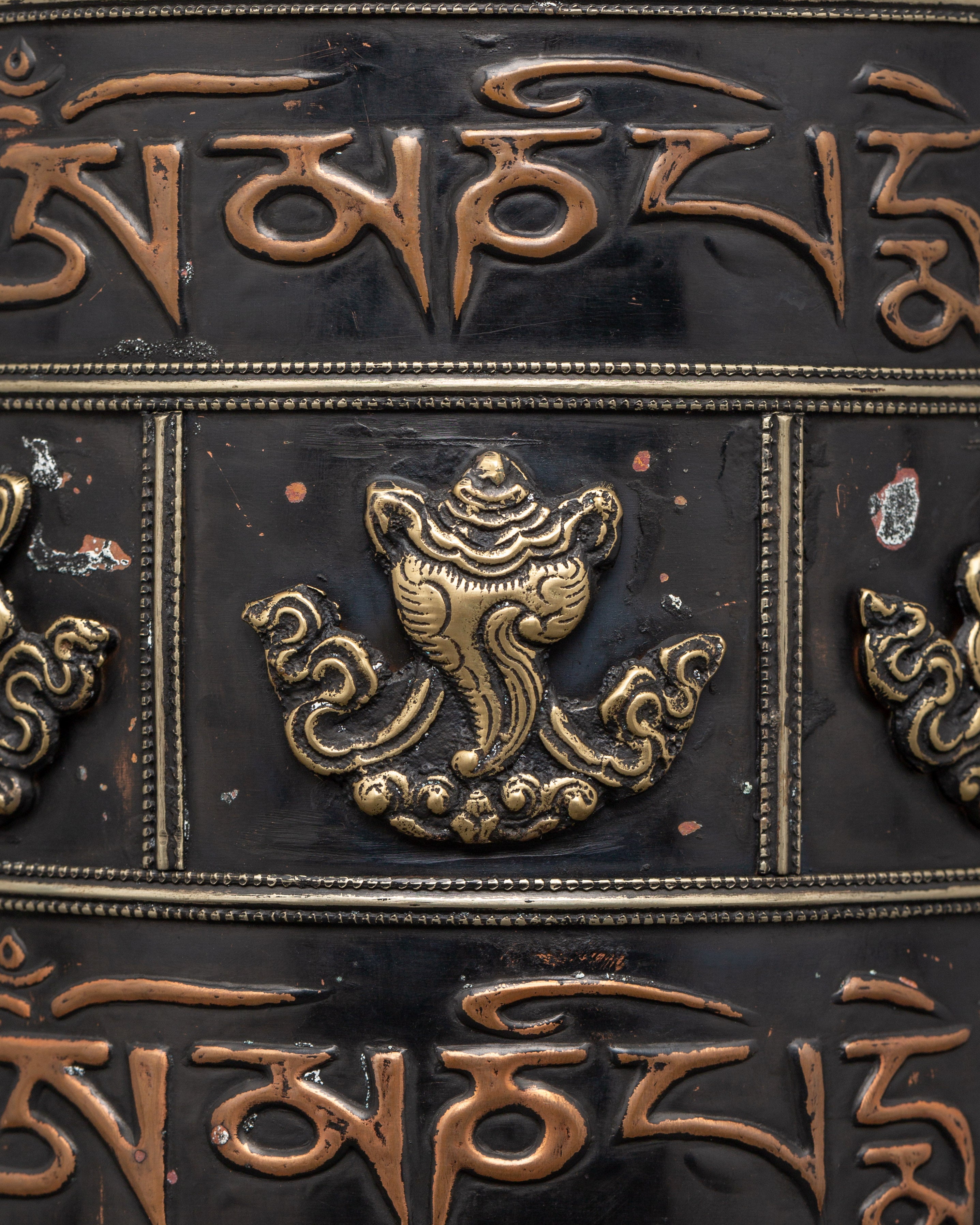 Prayer Wheel Carved with Wooden Frame | Copper & Brass Mantra Wheel