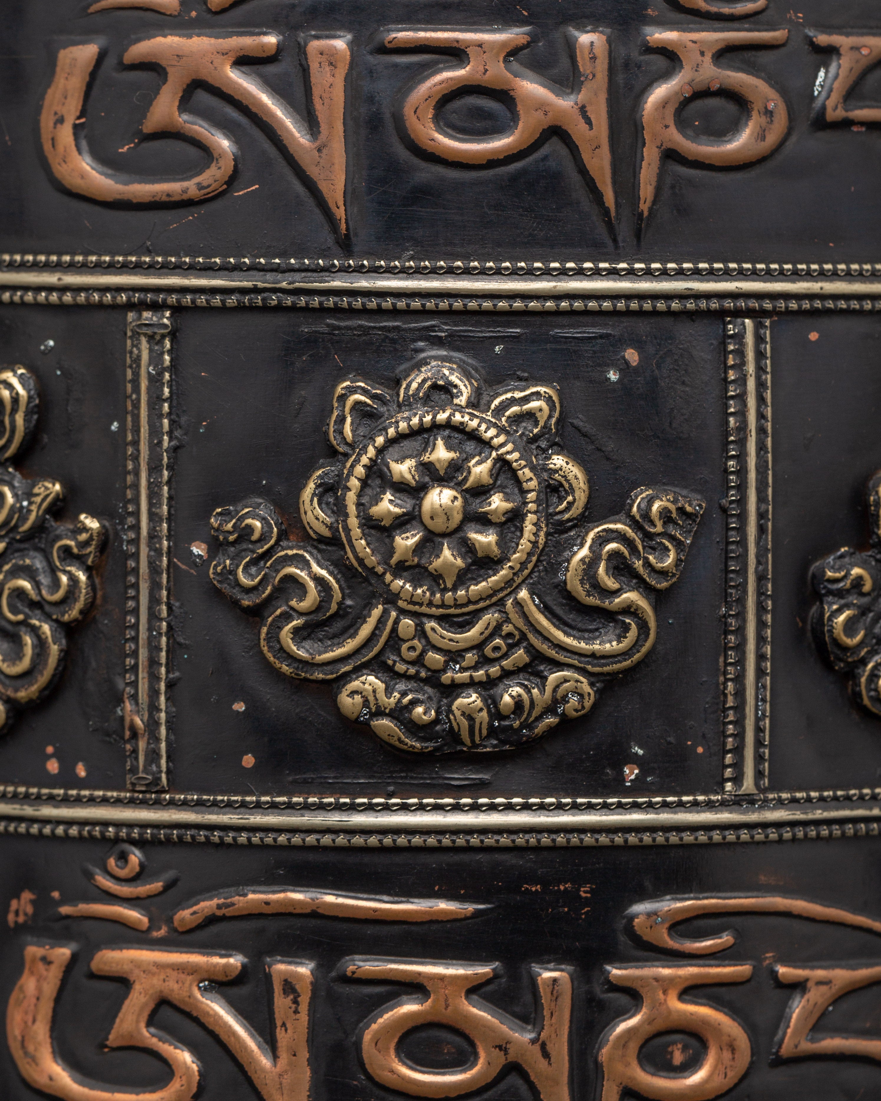Prayer Wheel Carved with Wooden Frame | Copper & Brass Mantra Wheel