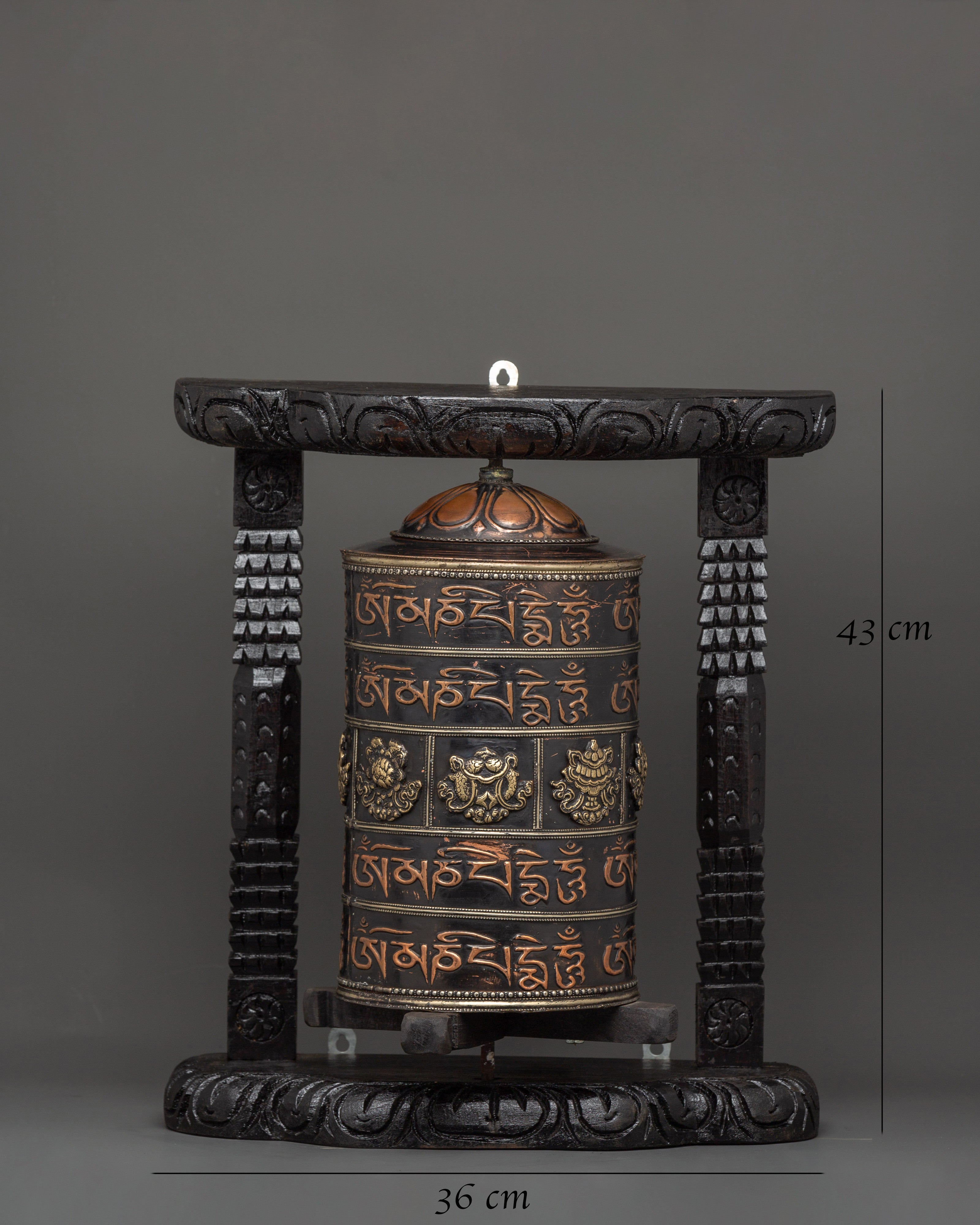 Prayer Wheel Carved with Wooden Frame | Copper & Brass Mantra Wheel