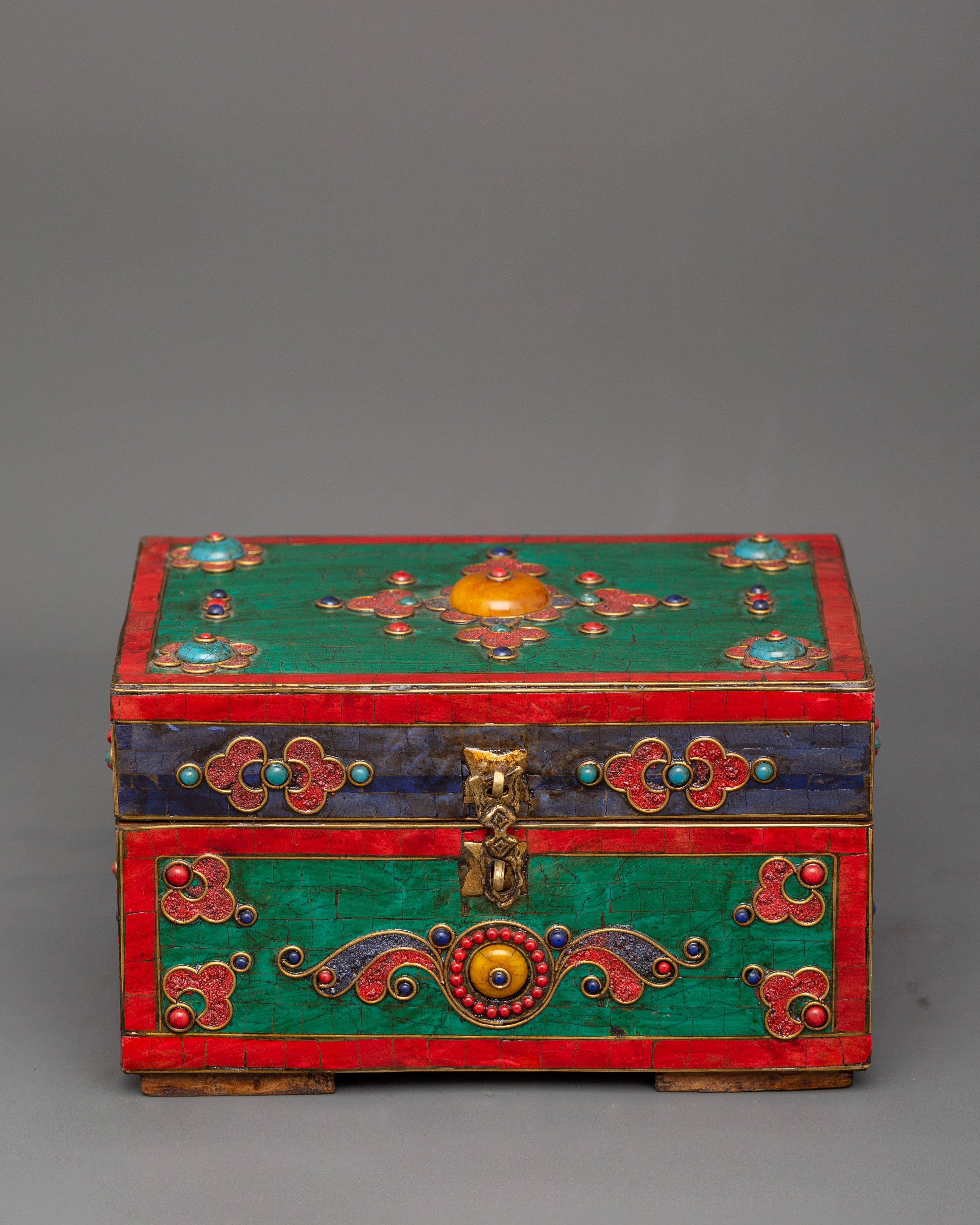Hand-Painted Tibetan Wooden Box with Brass | Jewelry or Ritual Box