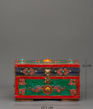 Hand-Painted Tibetan Wooden Box with Brass | Jewelry or Ritual Box