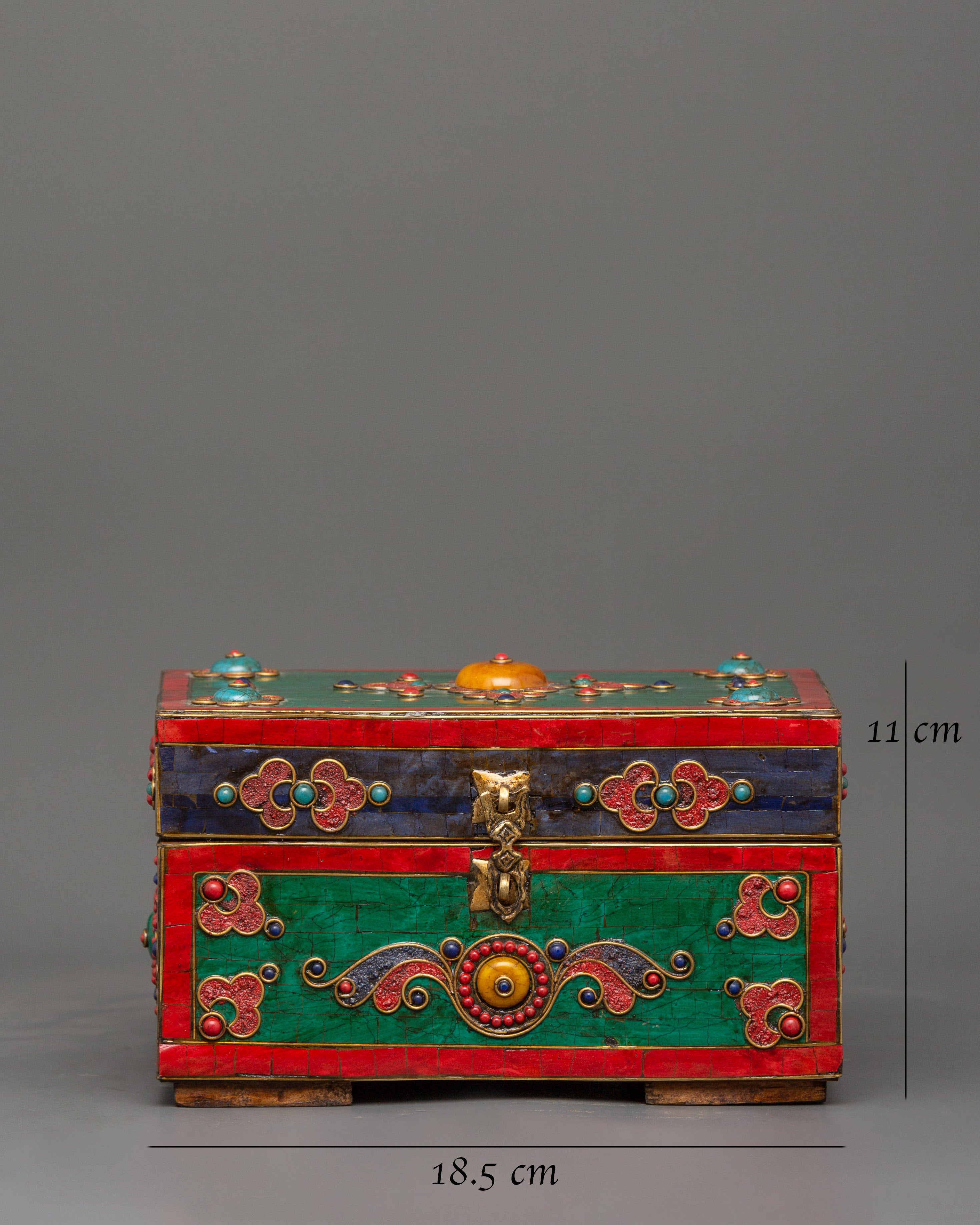 Hand-Painted Tibetan Wooden Box with Brass | Jewelry or Ritual Box
