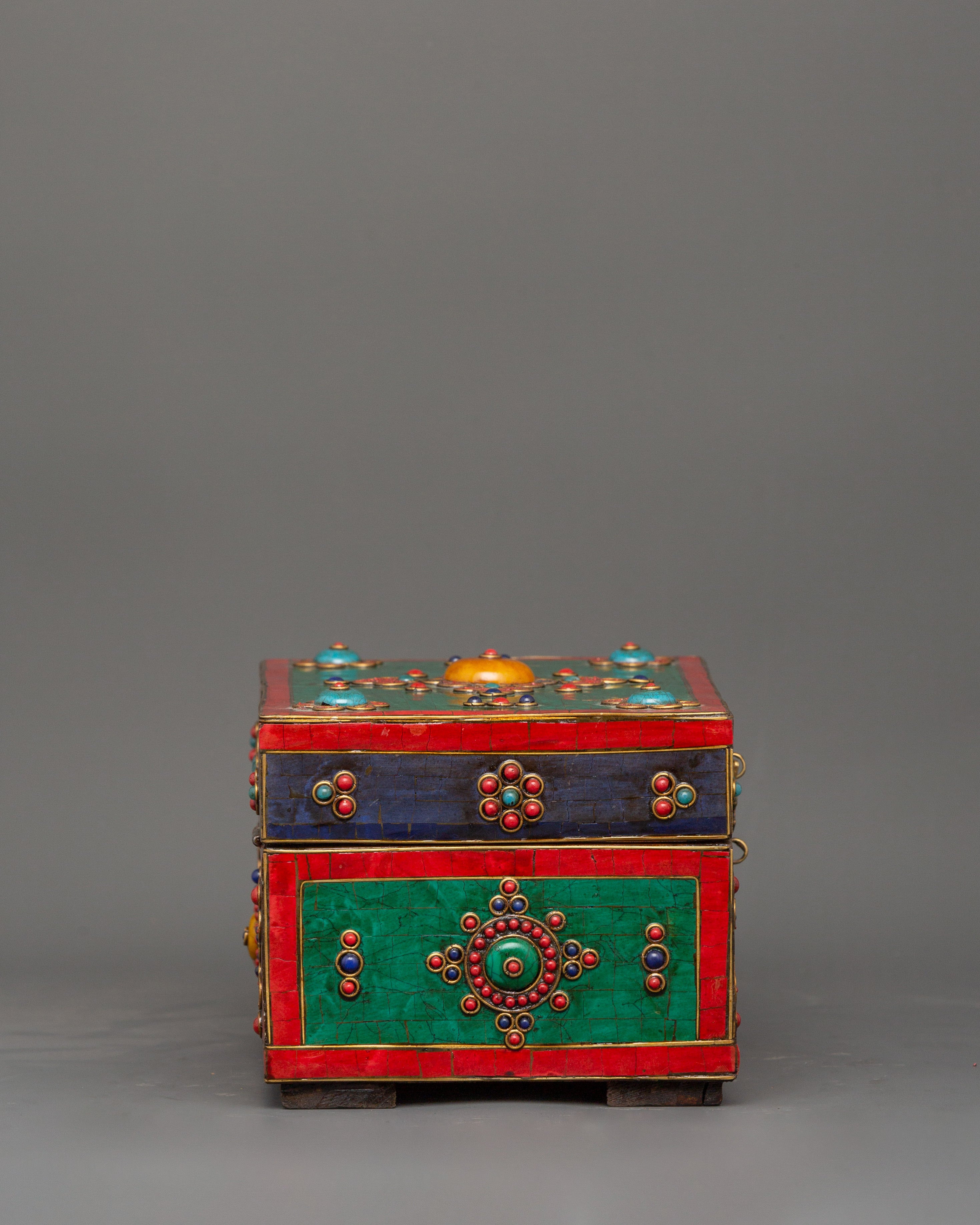 Hand-Painted Tibetan Wooden Box with Brass | Jewelry or Ritual Box