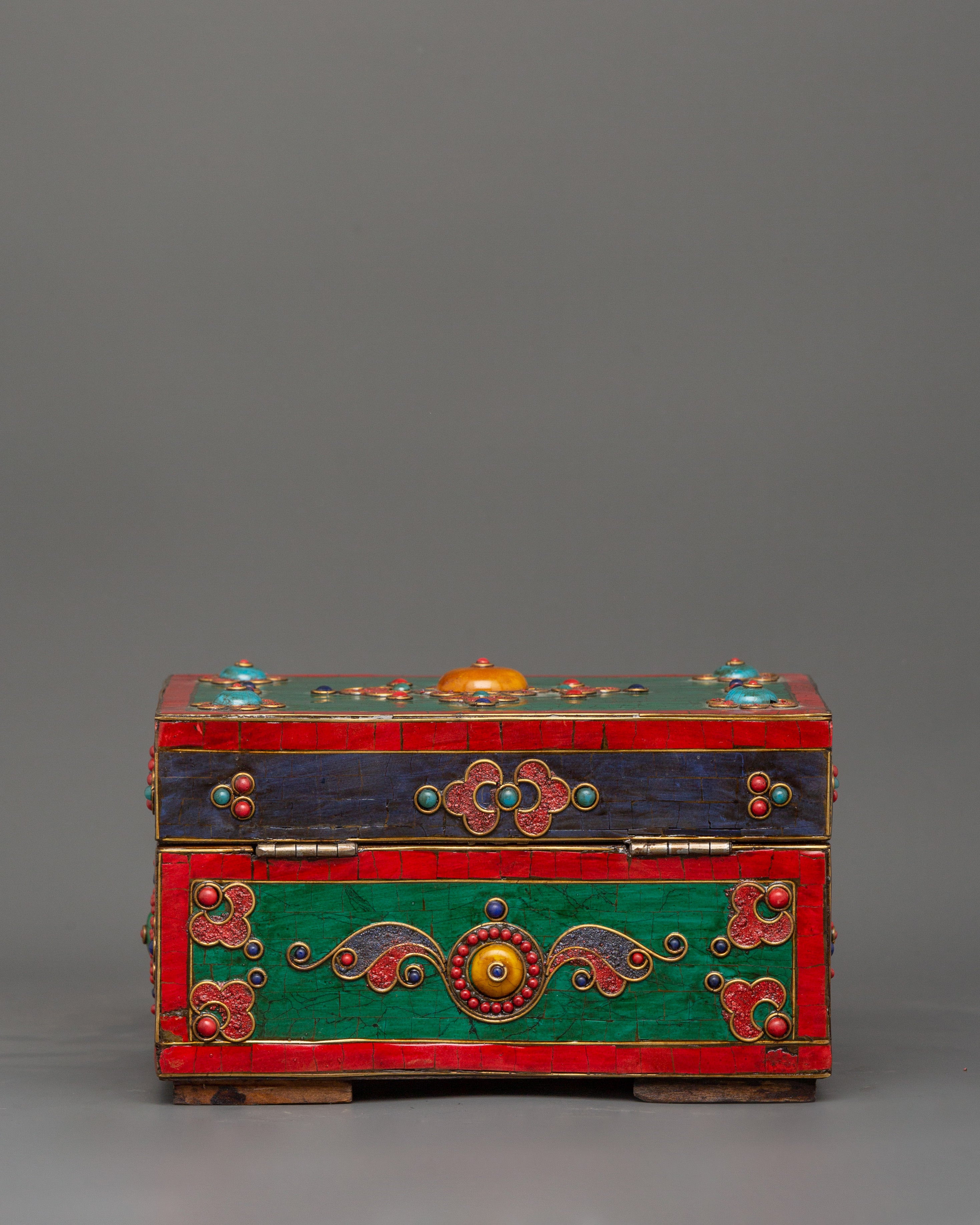Hand-Painted Tibetan Wooden Box with Brass | Jewelry or Ritual Box