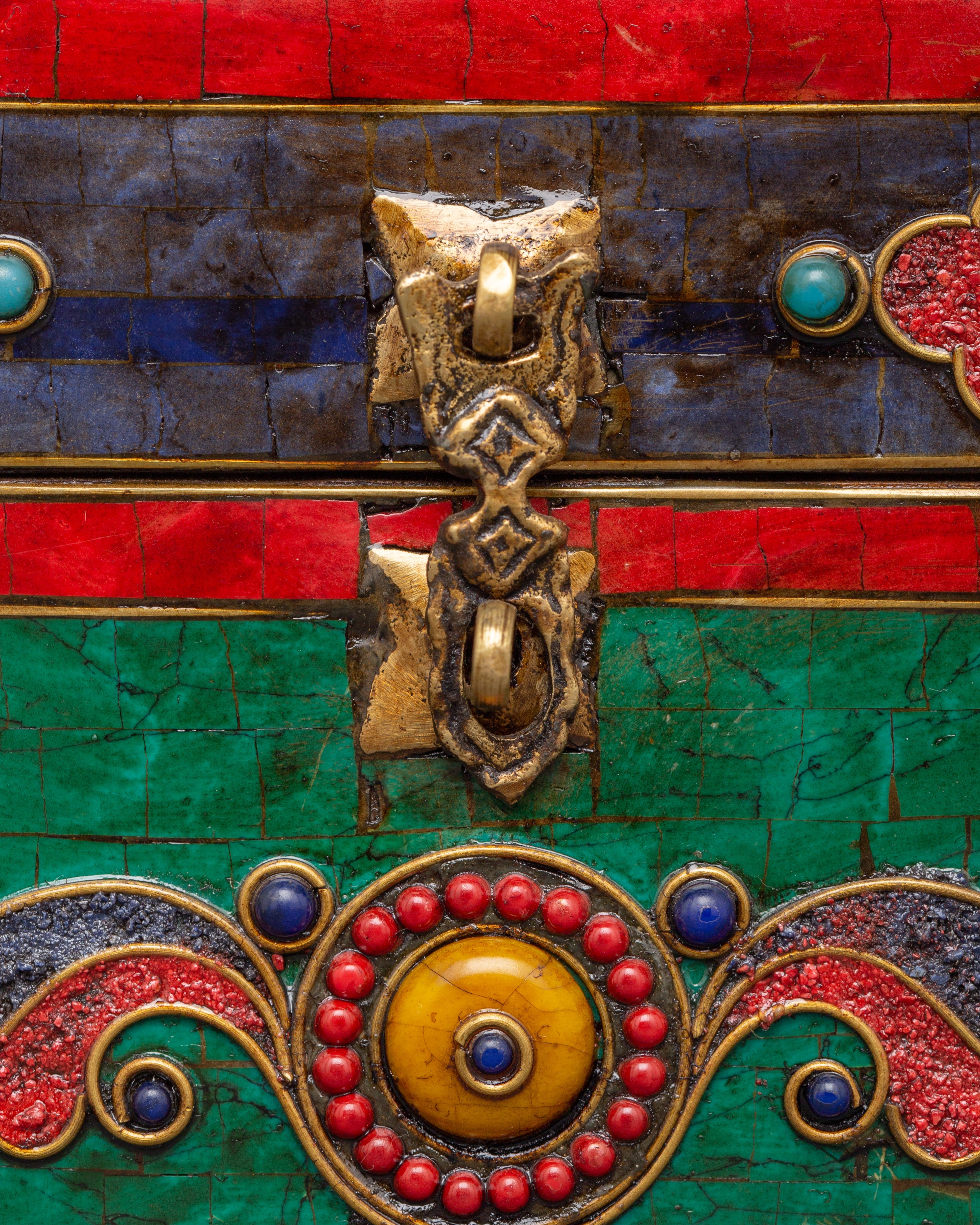 Hand-Painted Tibetan Wooden Box with Brass | Jewelry or Ritual Box