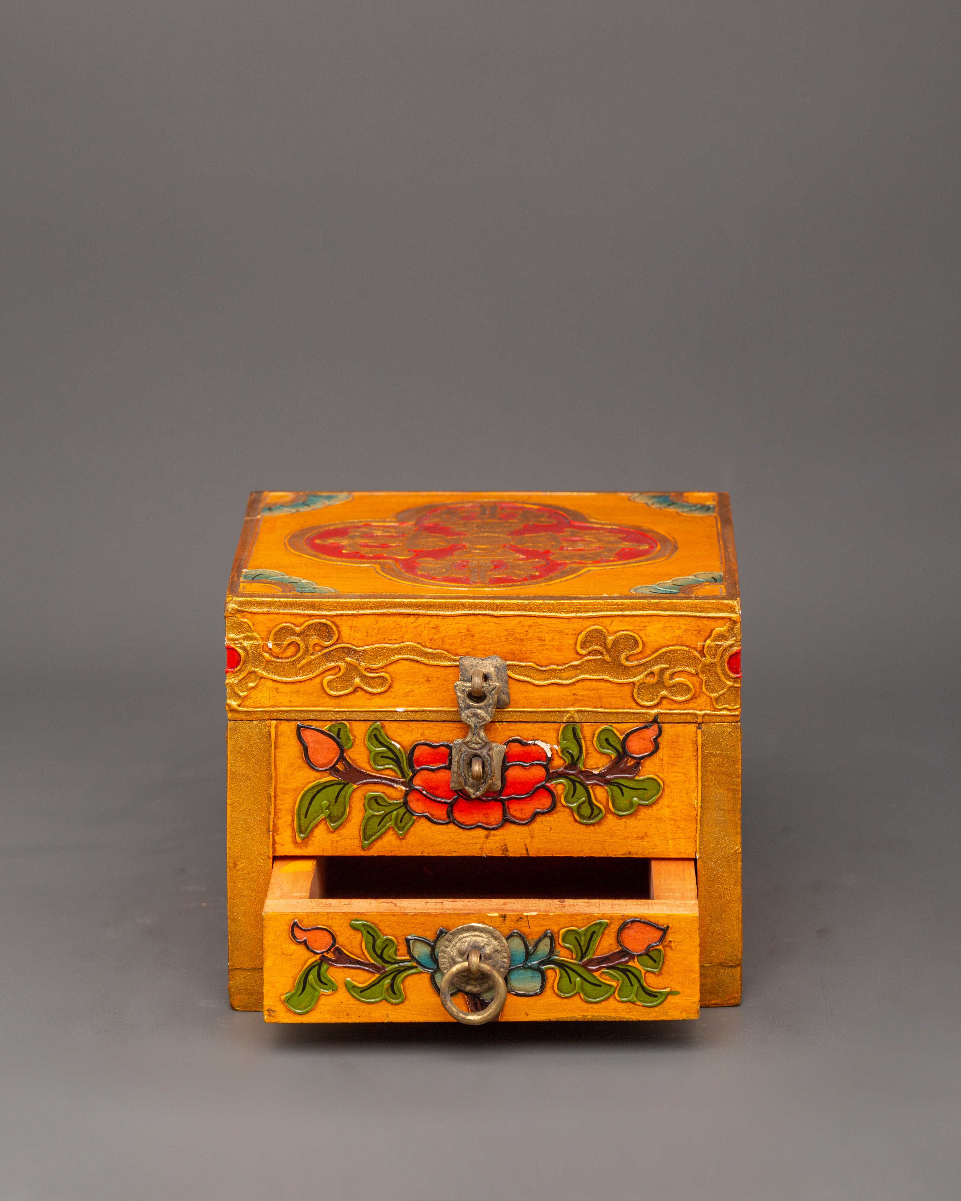 Tibetan Wooden Box with Drawers | Spiritual Storage for Jewelry or Altar Items