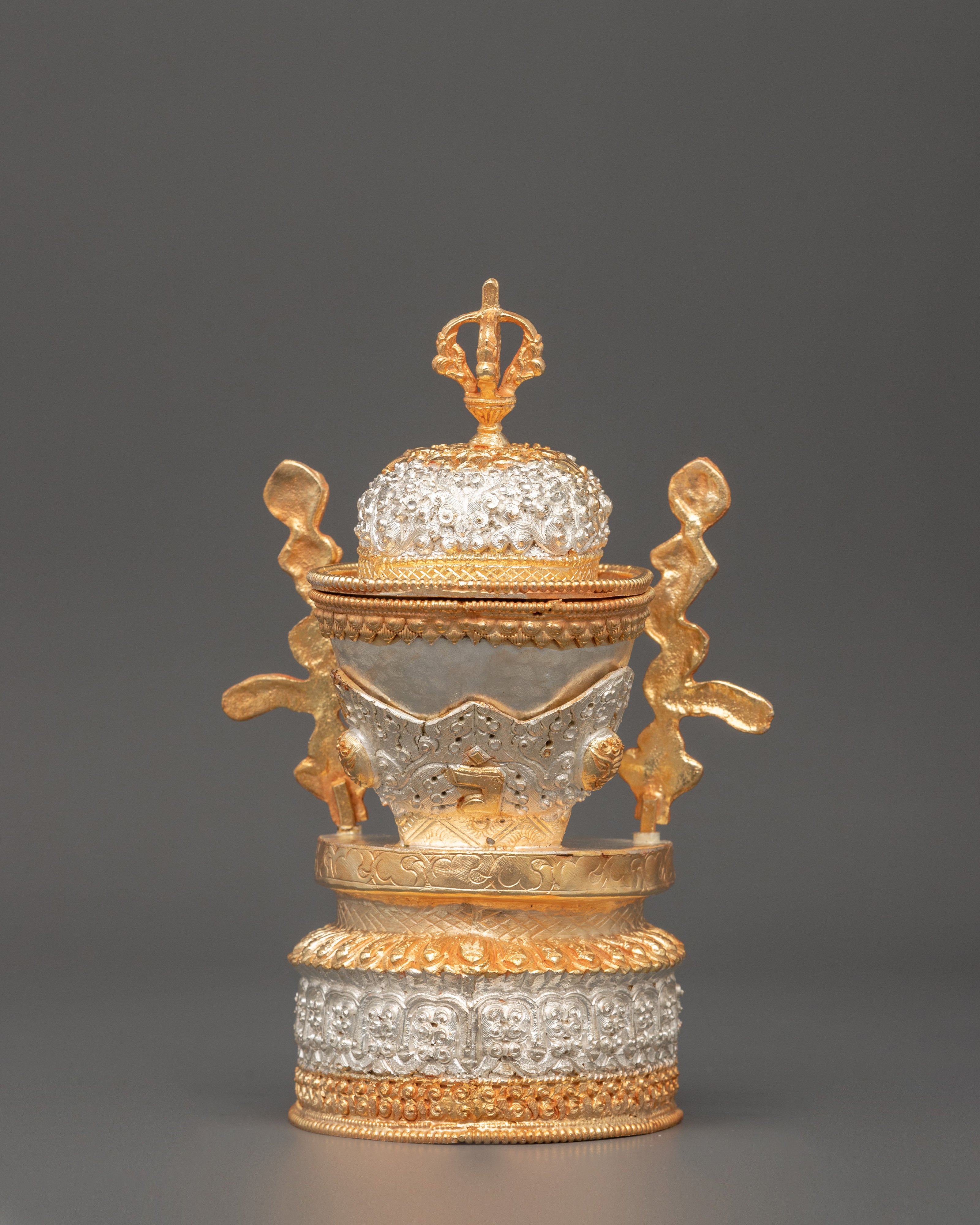 Silver & Gold-Plated Kapala Skull Cup | Tibetan Ritual Offering Bowl