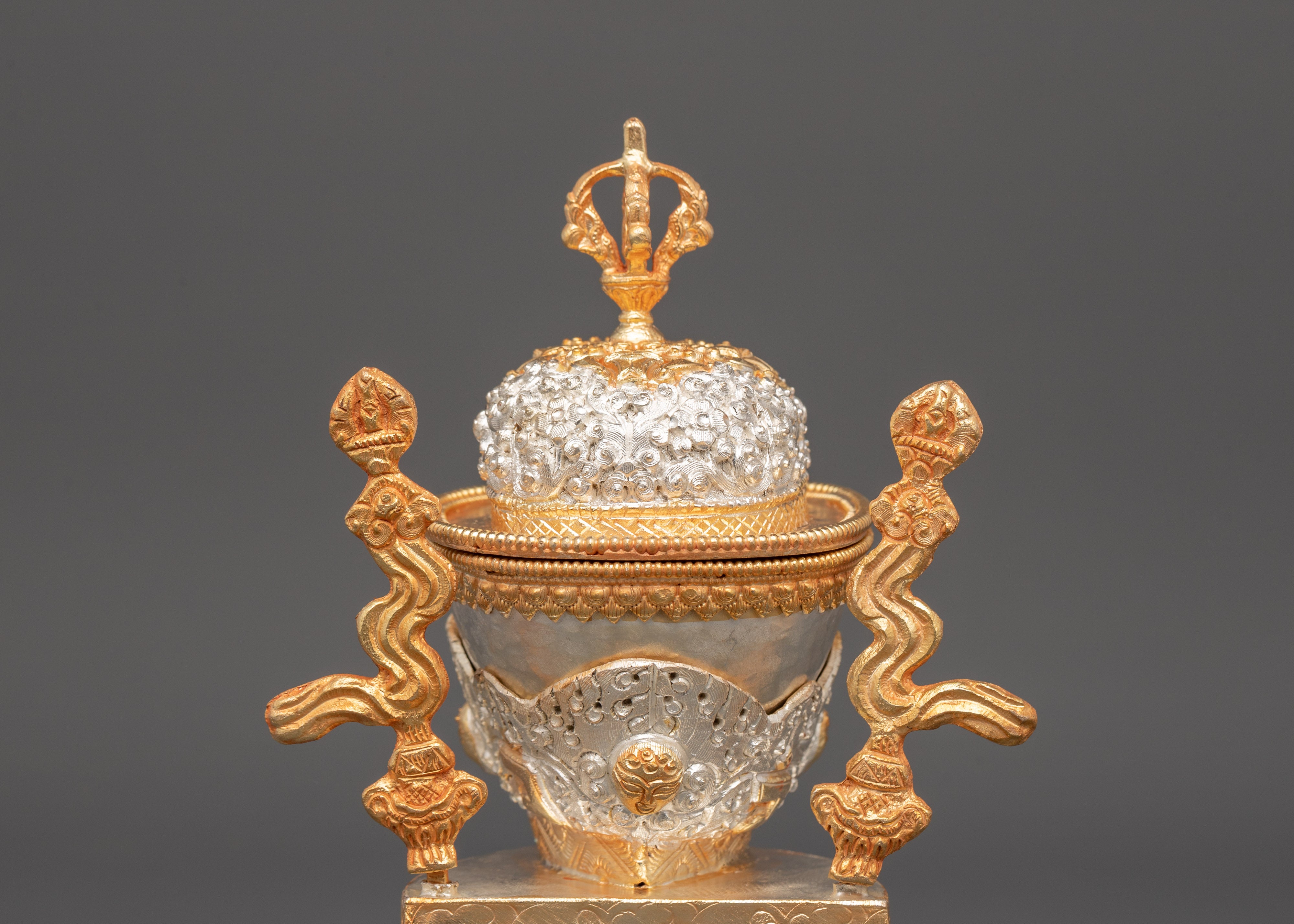 Silver & Gold-Plated Kapala Skull Cup | Tibetan Ritual Offering Bowl