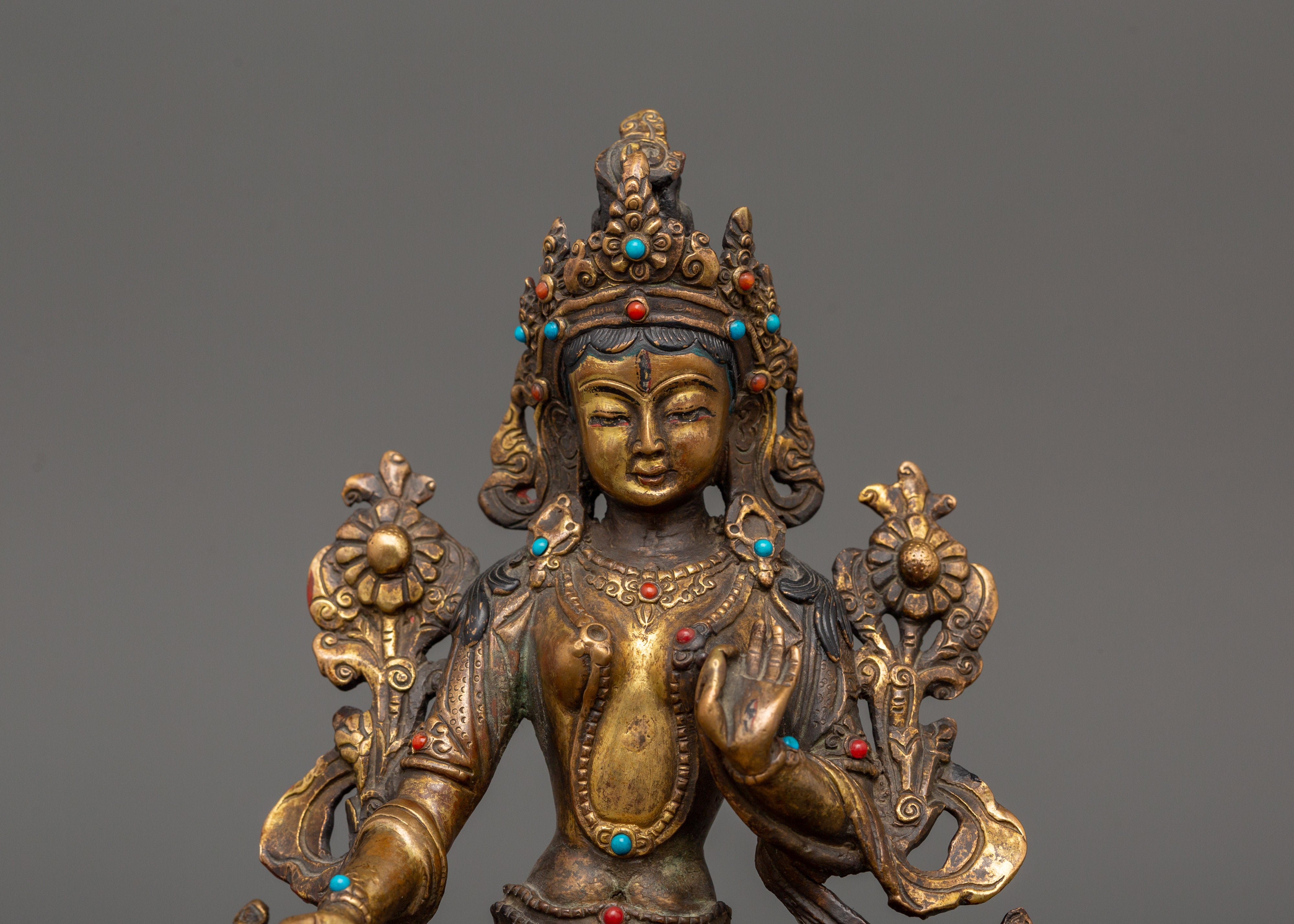 Tibetan White Tara Sculpture | Gold-Plated Copper Deity of Compassion