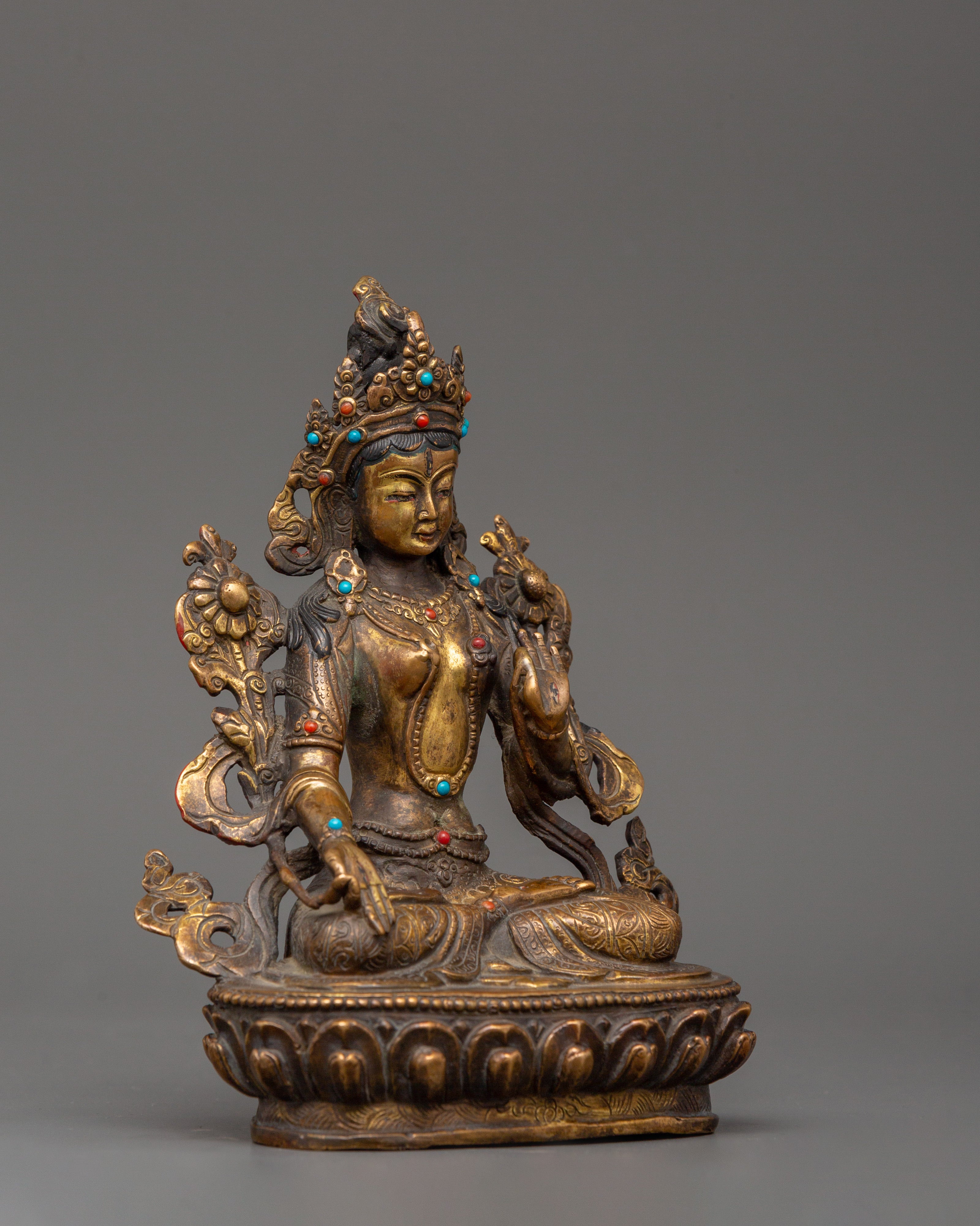 Tibetan White Tara Sculpture | Gold-Plated Copper Deity of Compassion