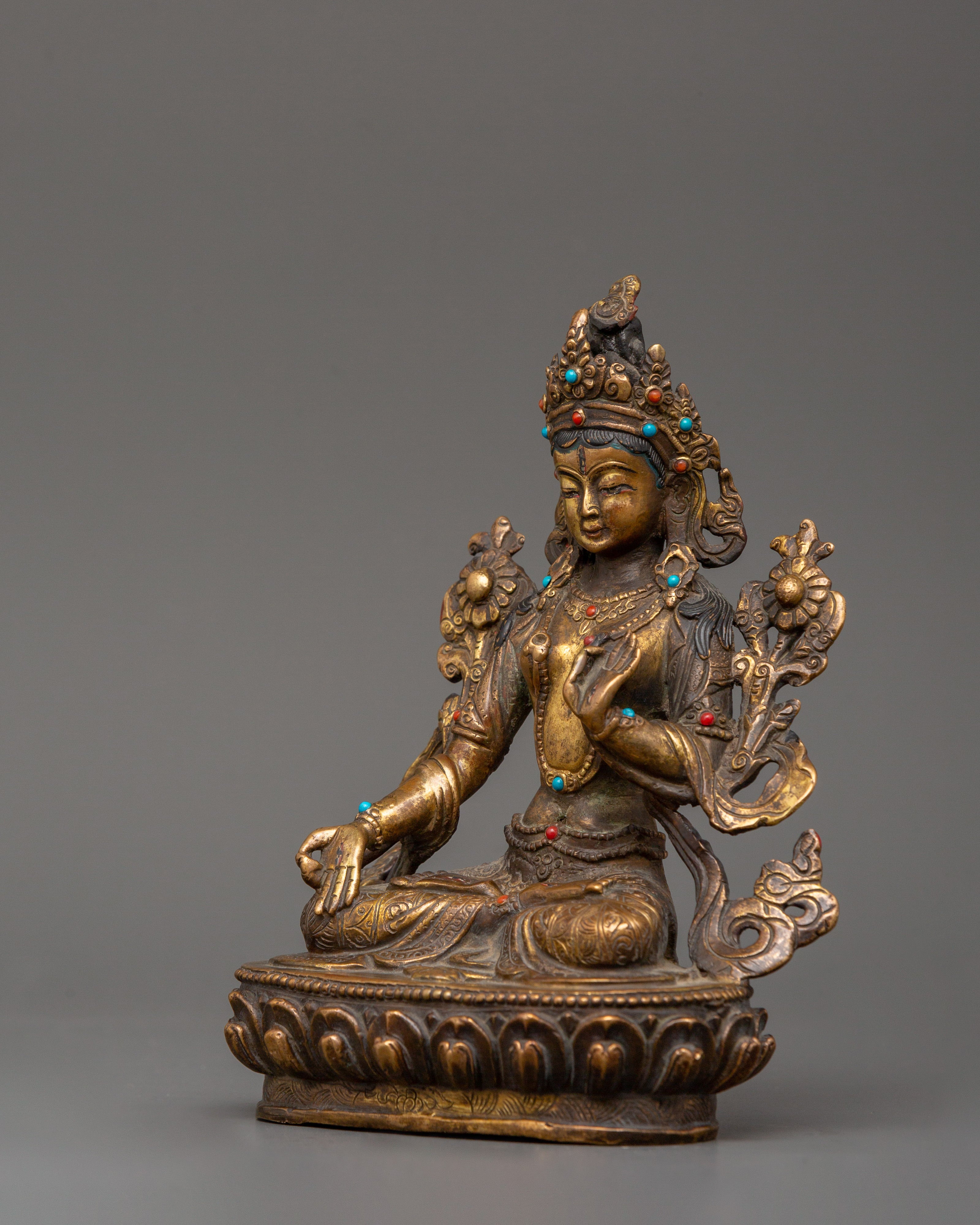 Tibetan White Tara Sculpture | Gold-Plated Copper Deity of Compassion
