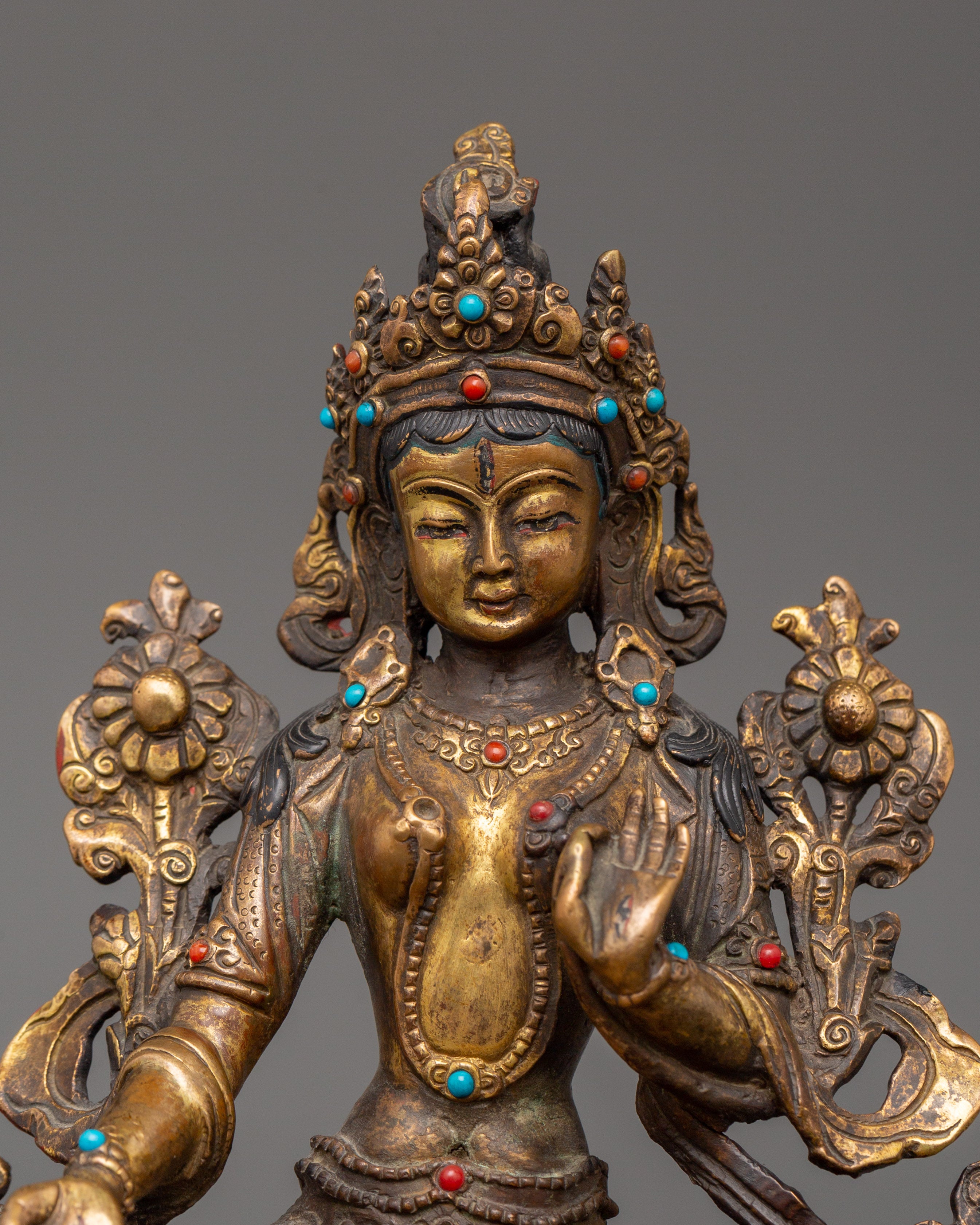 Tibetan White Tara Sculpture | Gold-Plated Copper Deity of Compassion