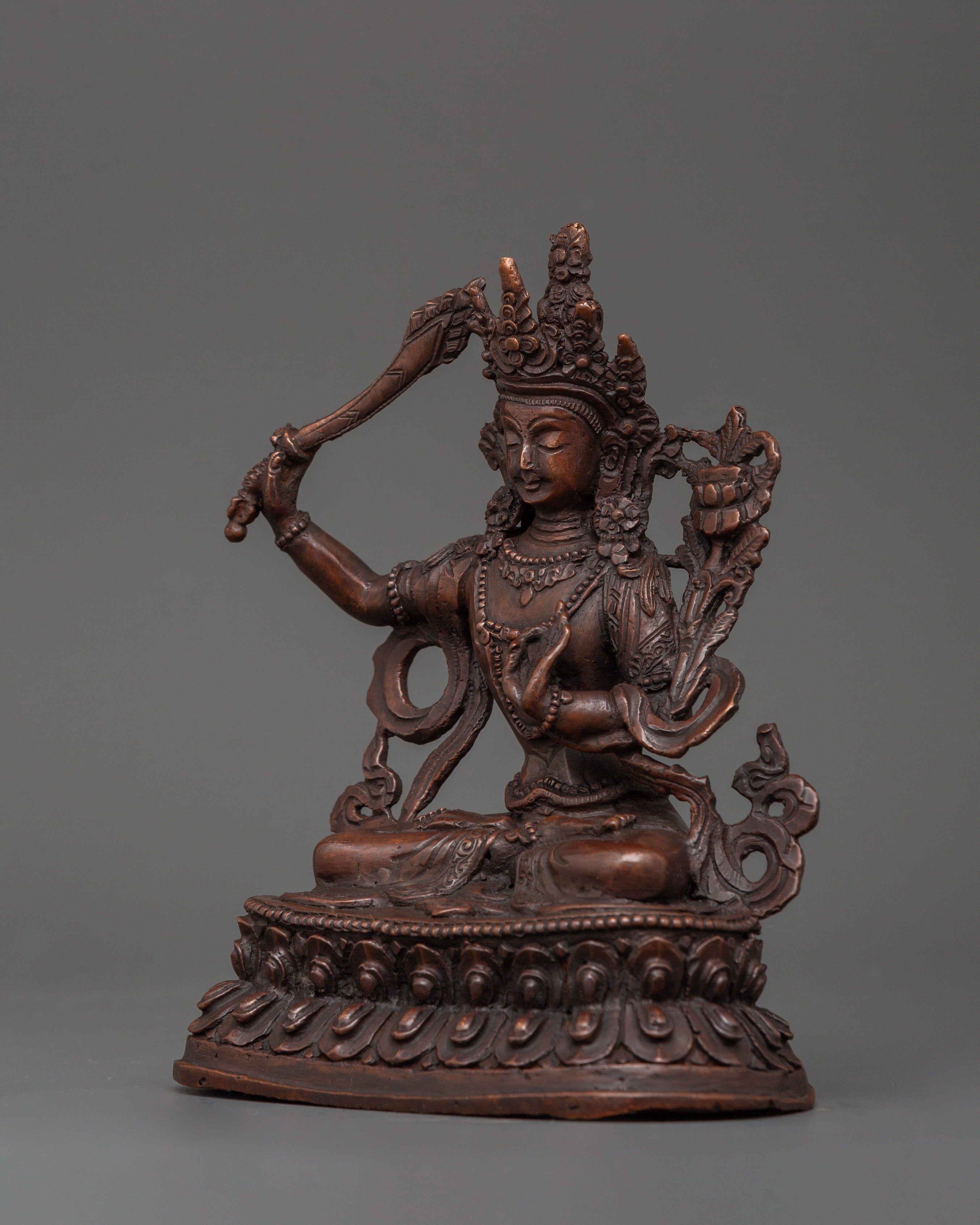 Sacred Manjushri Sculpture | Oxidized Copper Buddhist Bodhisattva of Wisdom