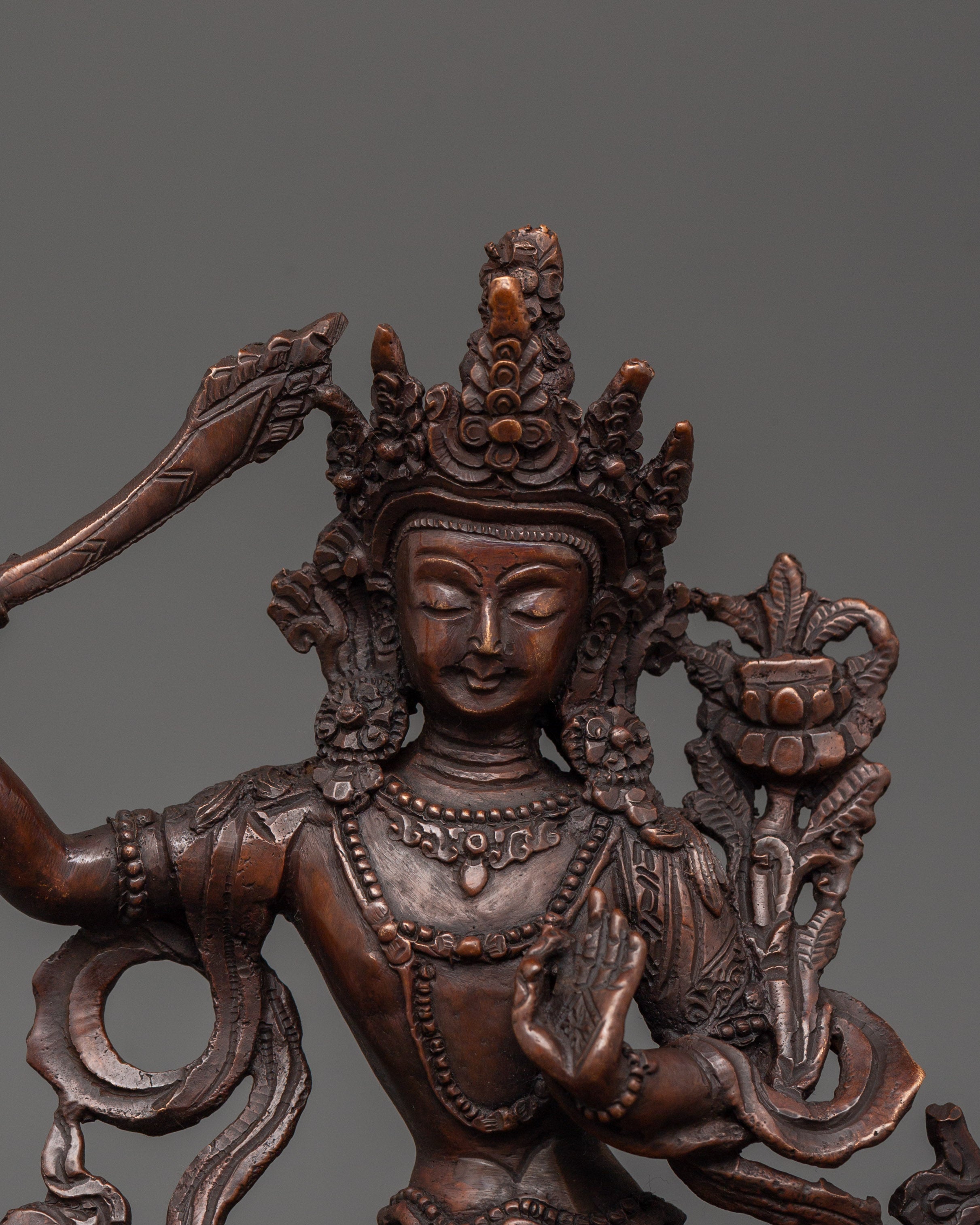 Sacred Manjushri Sculpture | Oxidized Copper Buddhist Bodhisattva of Wisdom