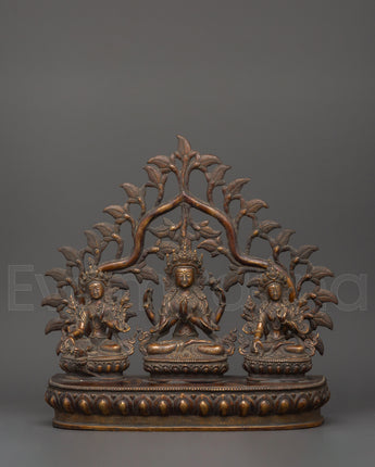 Chenrezig, Green Tara &amp; White Tara Brass Statue