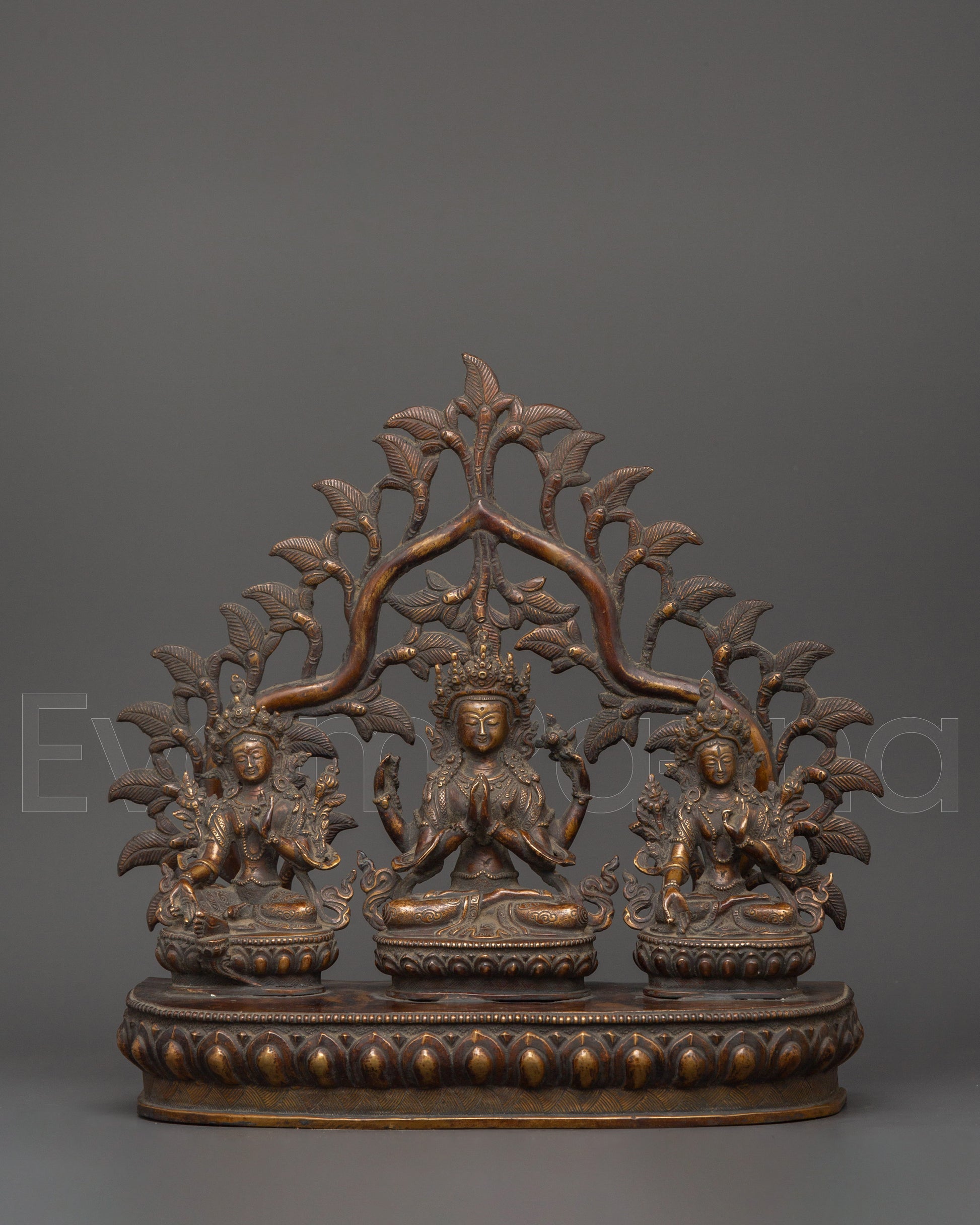 Chenrezig, Green Tara &amp; White Tara Brass Statue