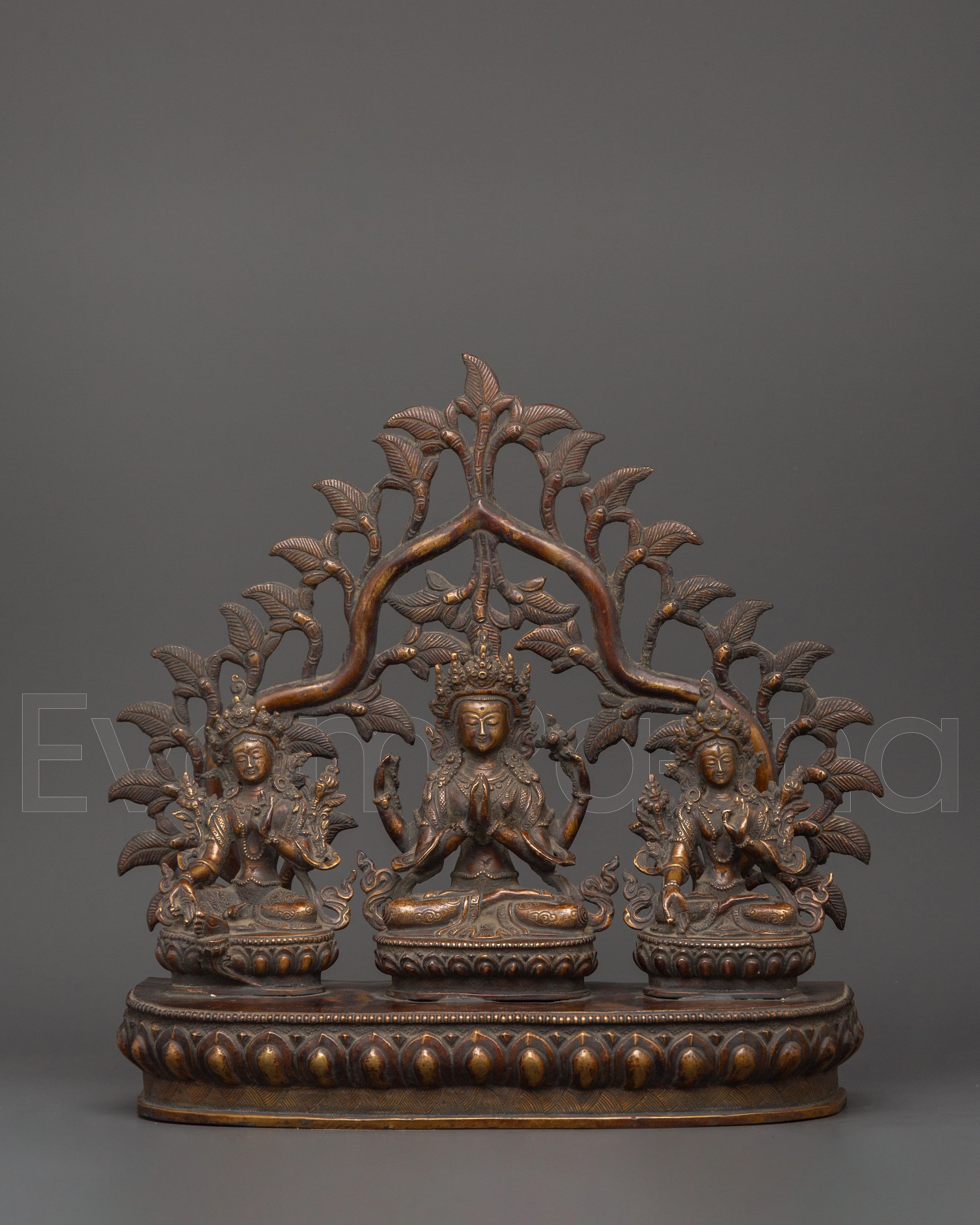 Chenrezig, Green Tara &amp; White Tara Brass Statue