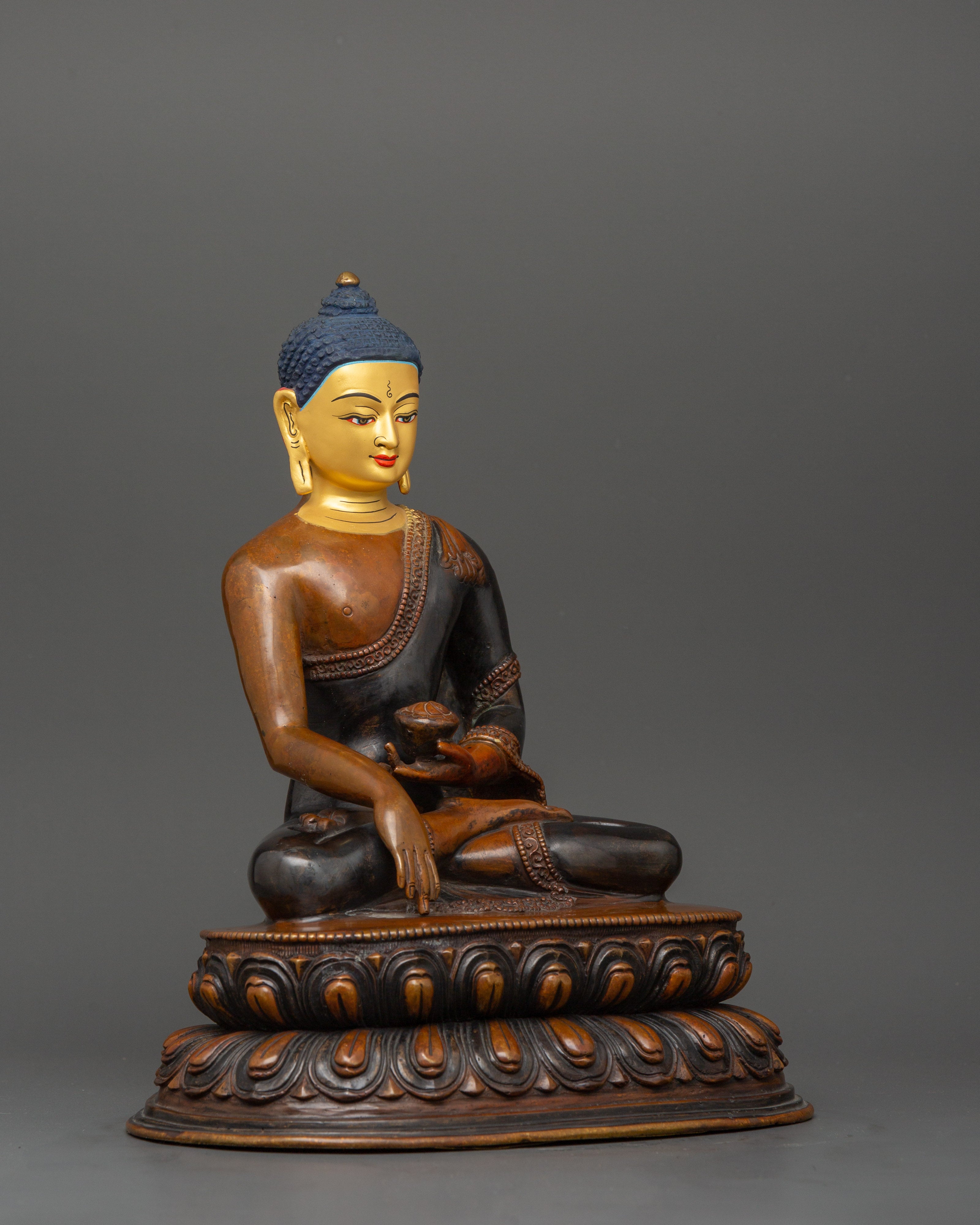 Shakyamuni Buddha Tibetan Buddhist Statue | Oxidized Copper Body with Gold Plating