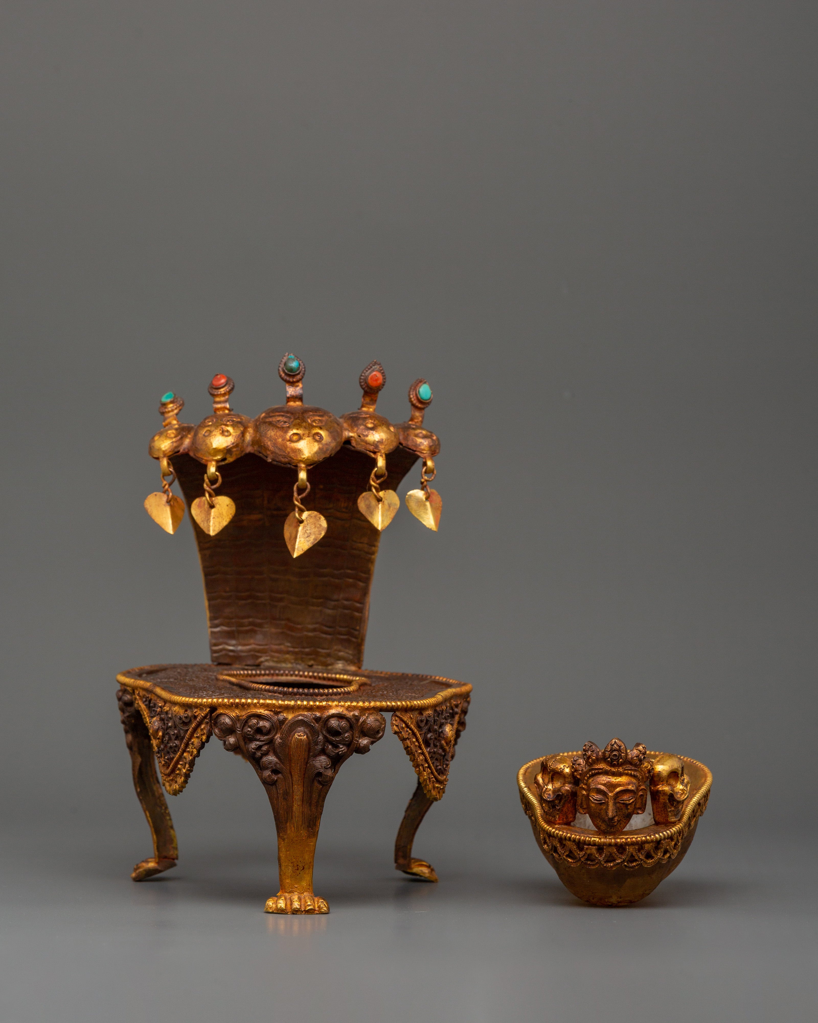 Kapala Skull Cup with Coral & Turquoise | Buddhist Altar Offering with Gemstones