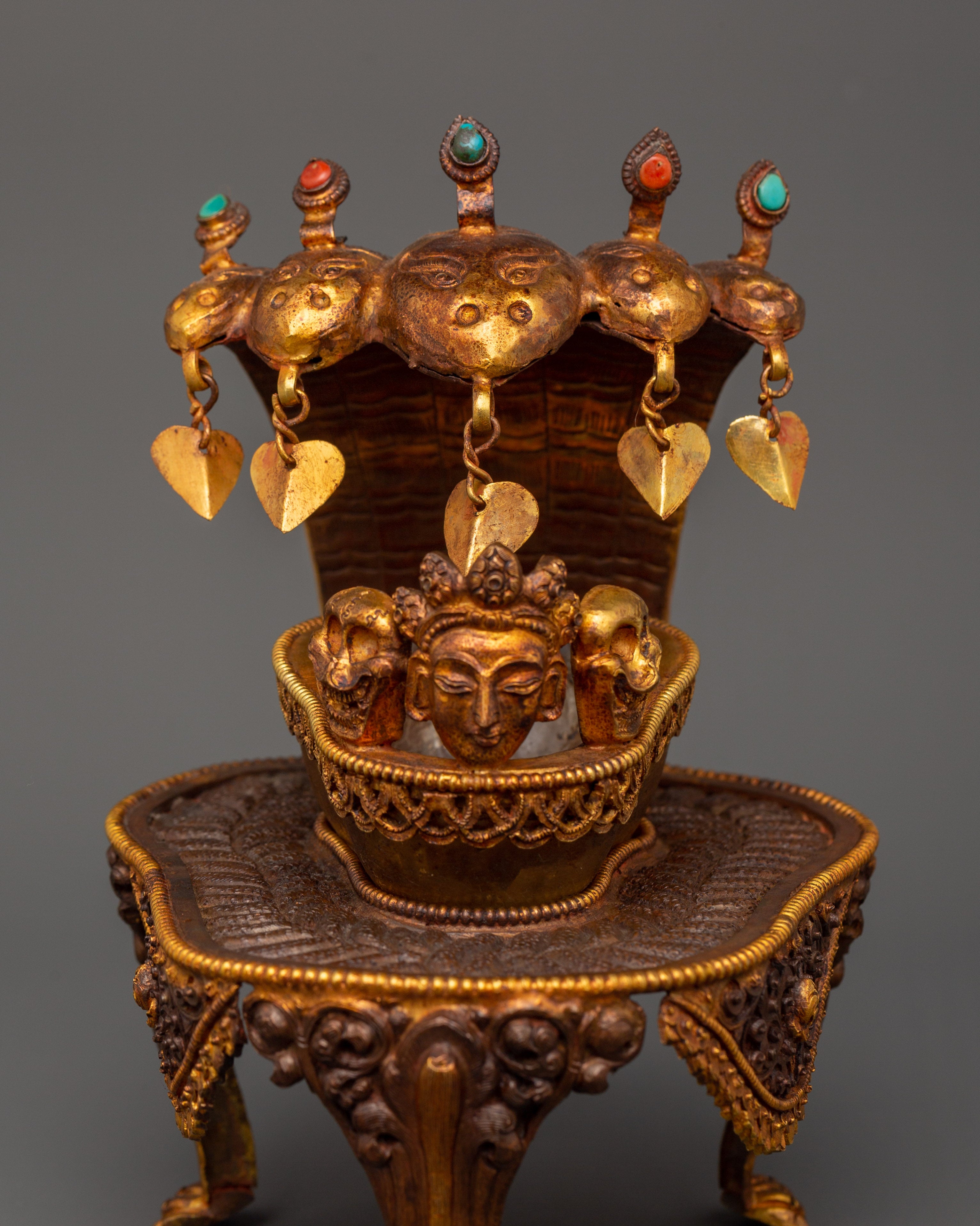 Kapala Skull Cup with Coral & Turquoise | Buddhist Altar Offering with Gemstones