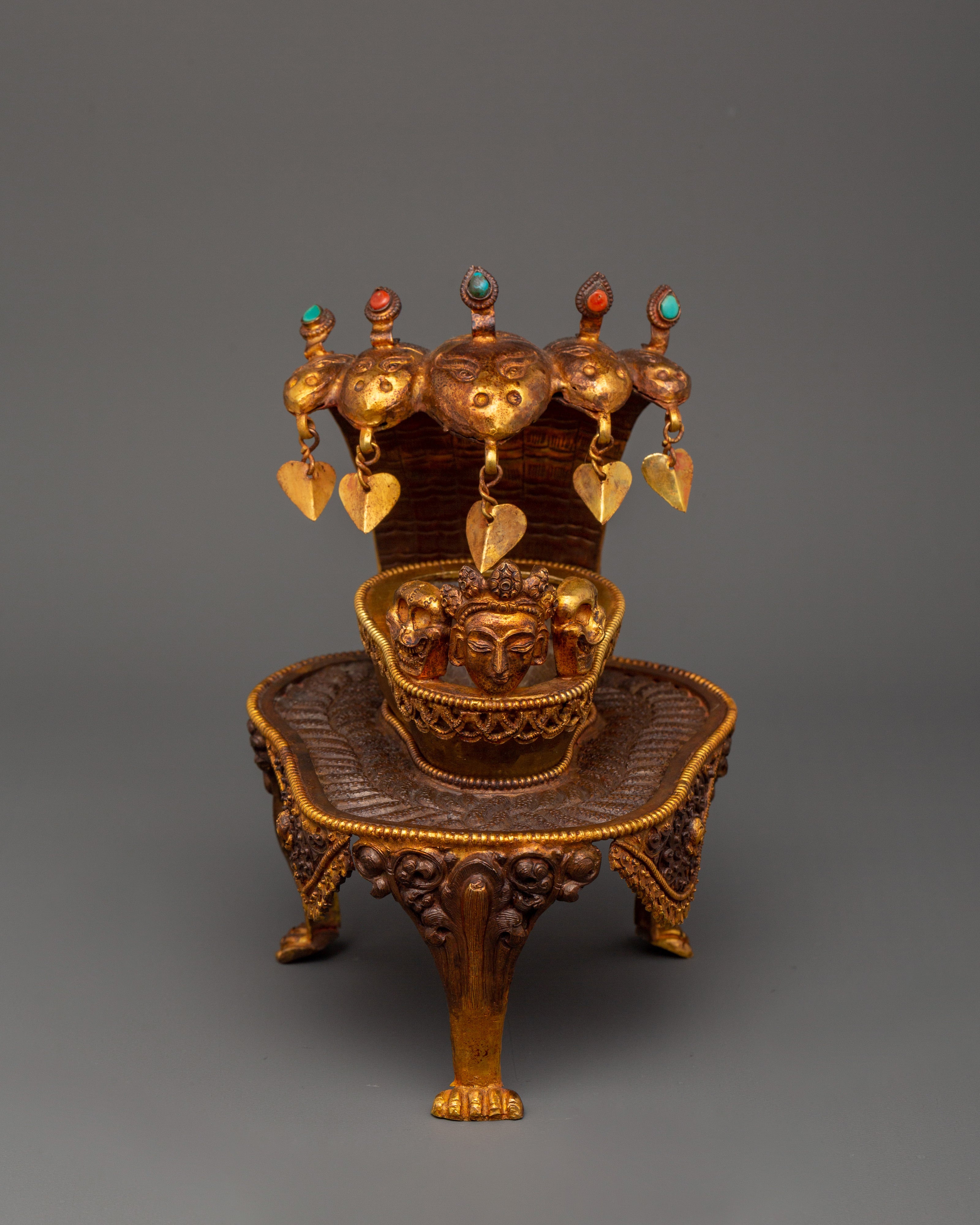 Kapala Skull Cup with Coral & Turquoise | Buddhist Altar Offering with Gemstones