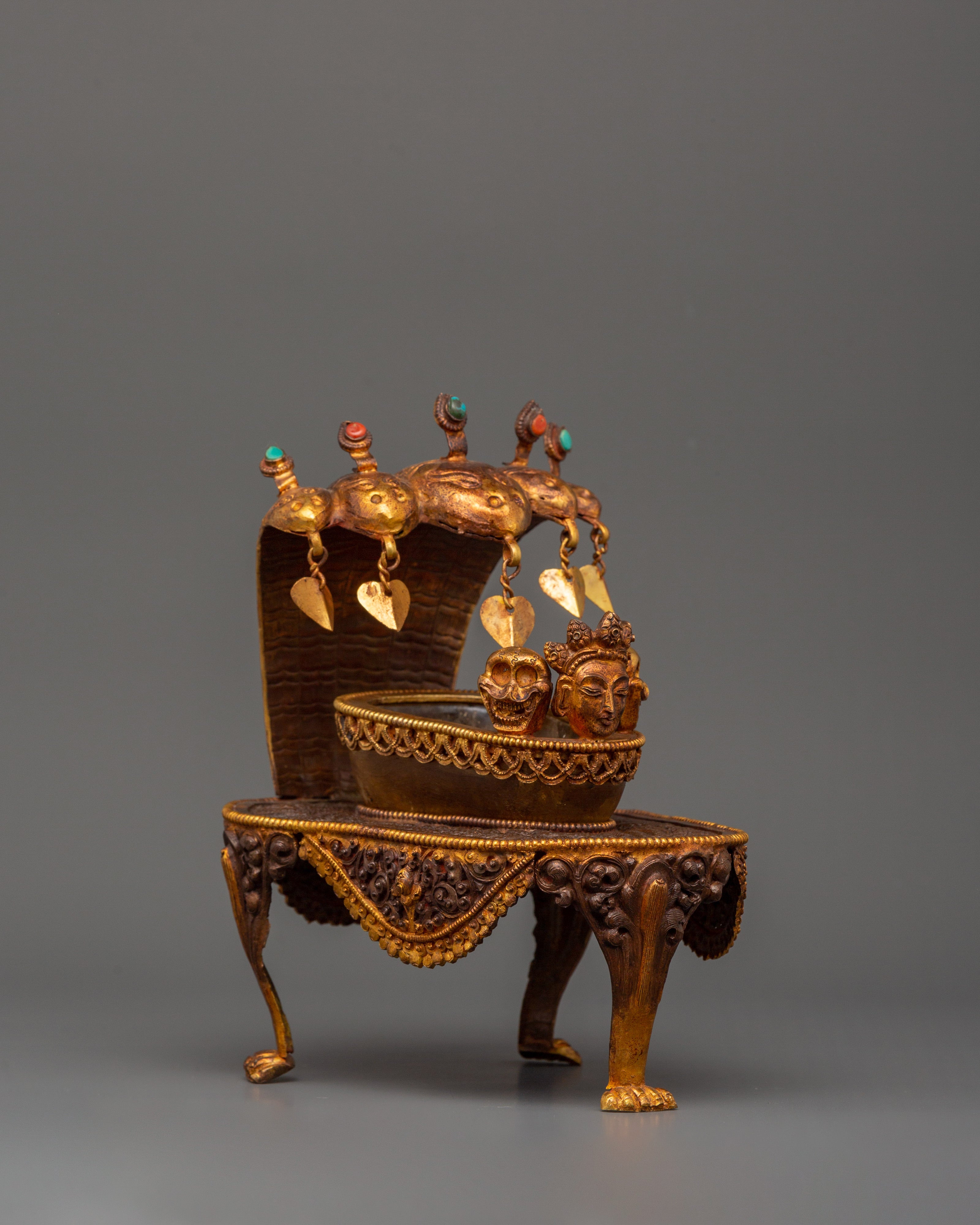 Kapala Skull Cup with Coral & Turquoise | Buddhist Altar Offering with Gemstones
