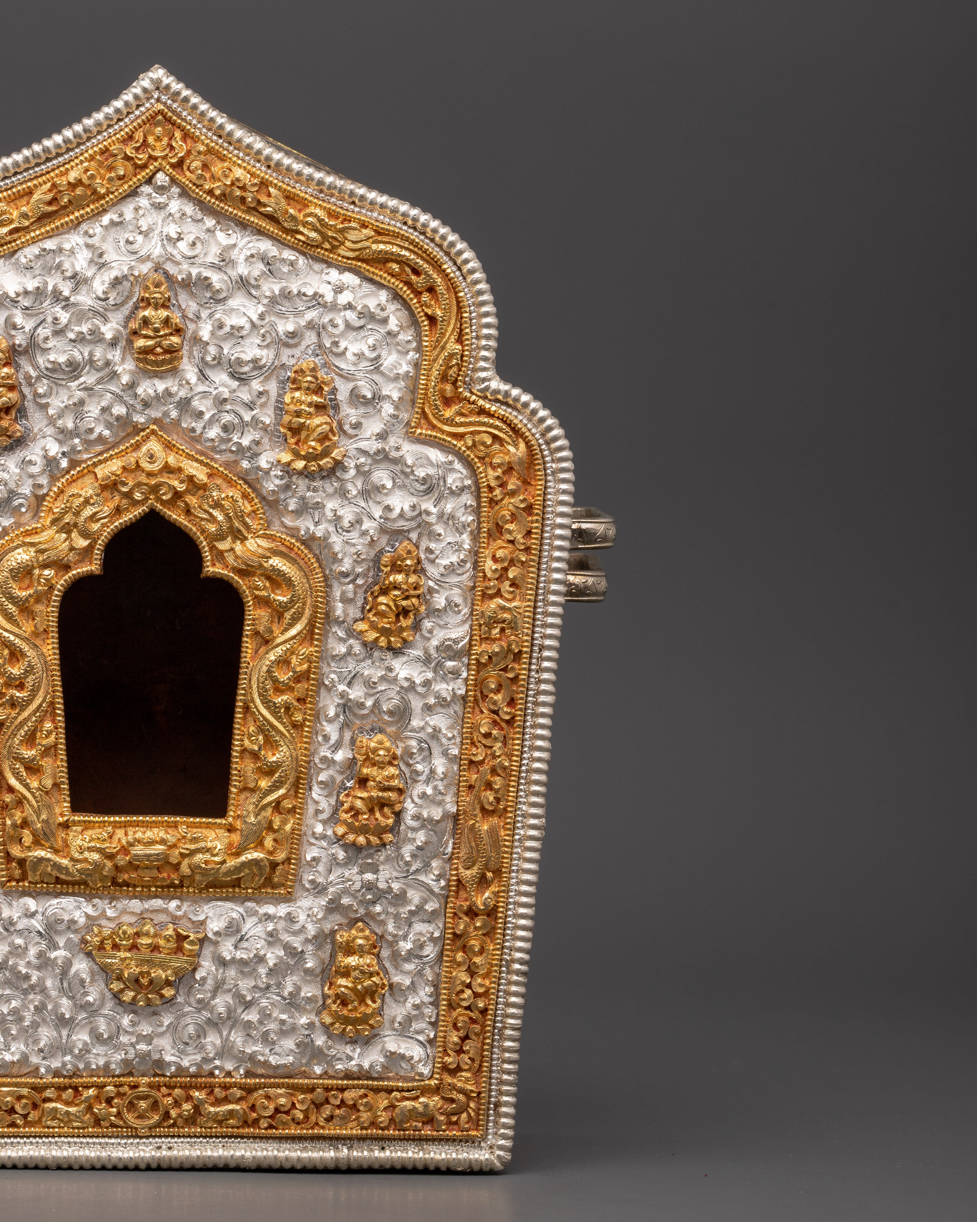 Buddhist Portable Ghau Box | Gold & Silver-Plated Copper Shrine Box