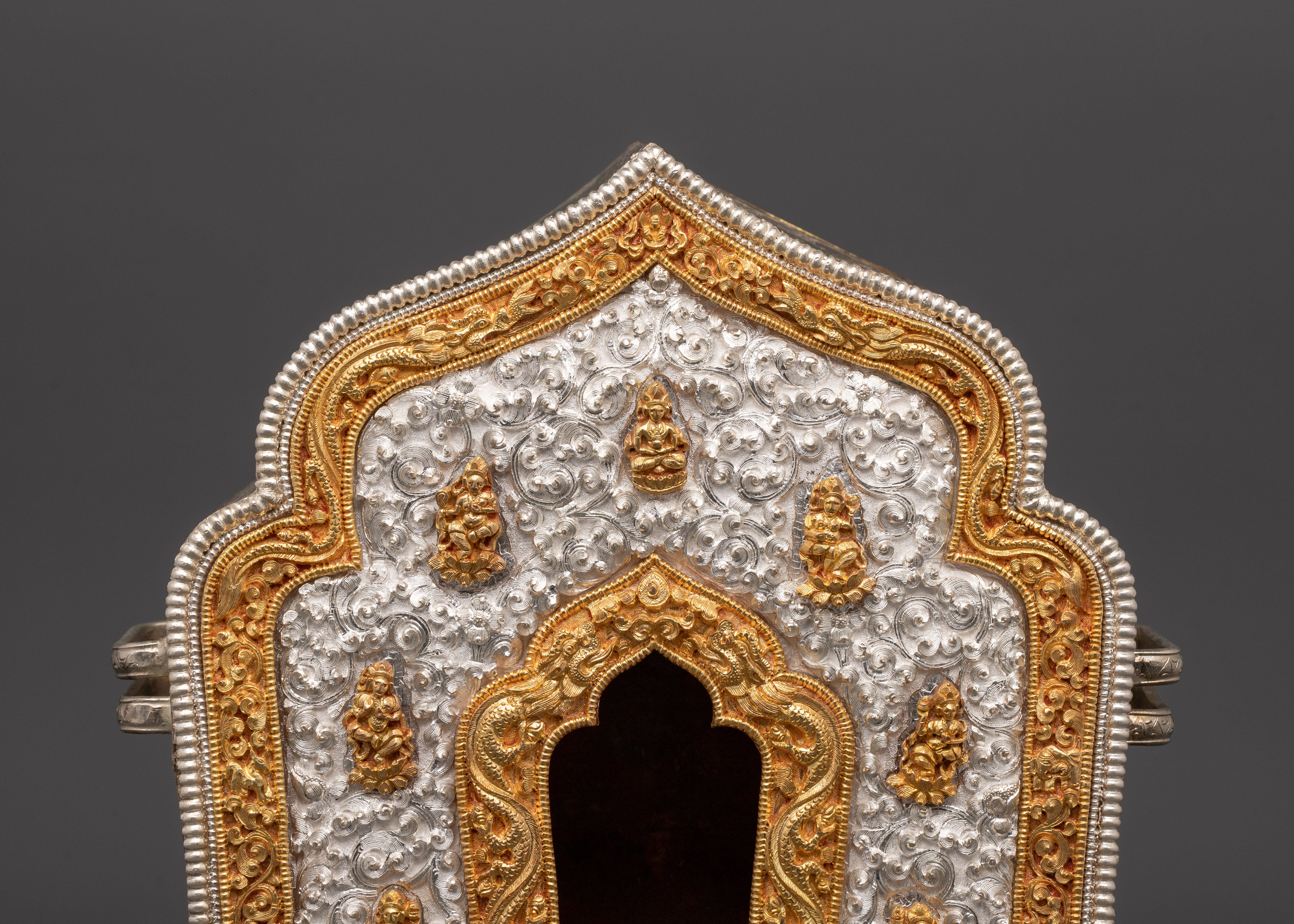 Buddhist Portable Ghau Box | Gold & Silver-Plated Copper Shrine Box