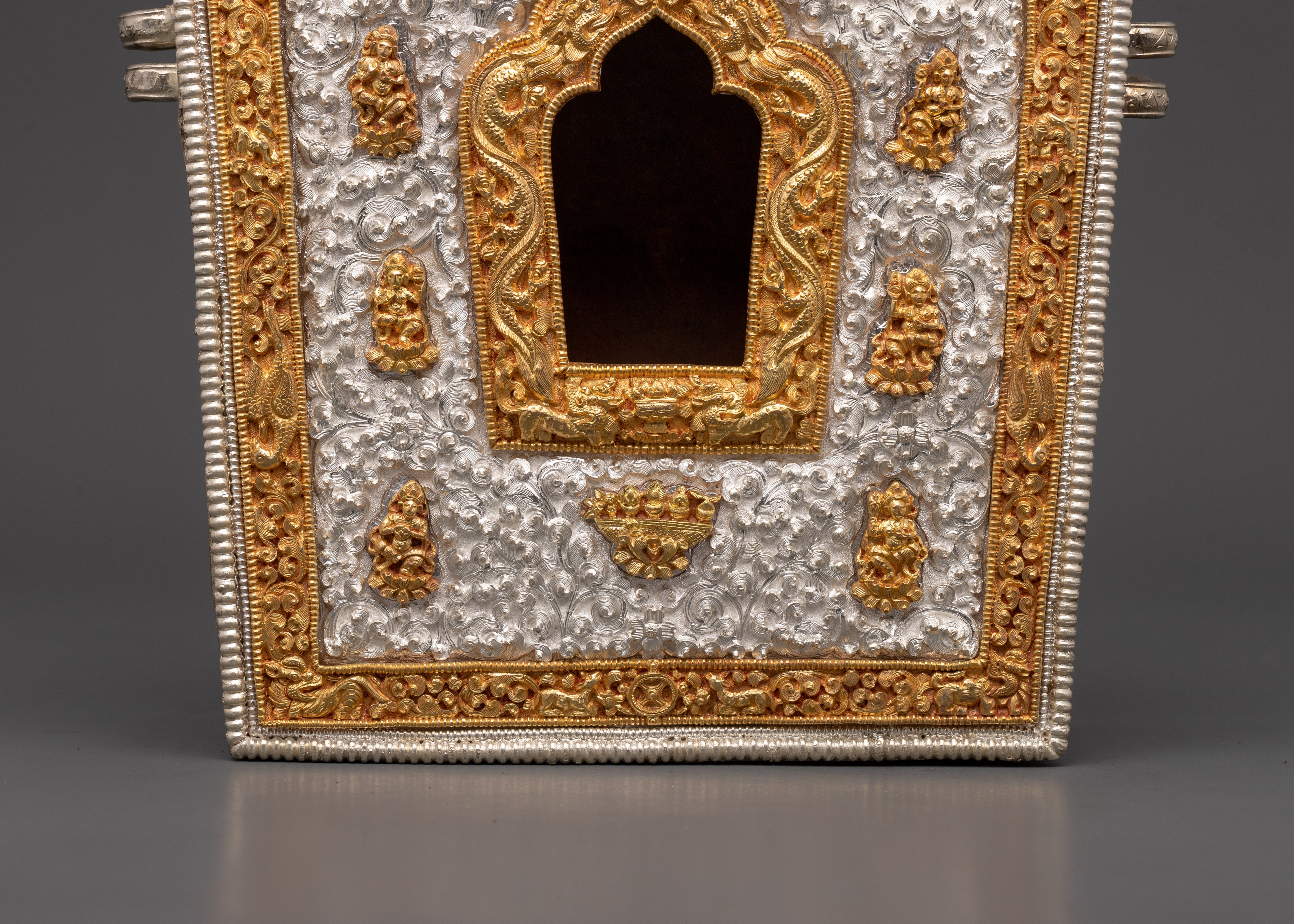 Buddhist Portable Ghau Box | Gold & Silver-Plated Copper Shrine Box