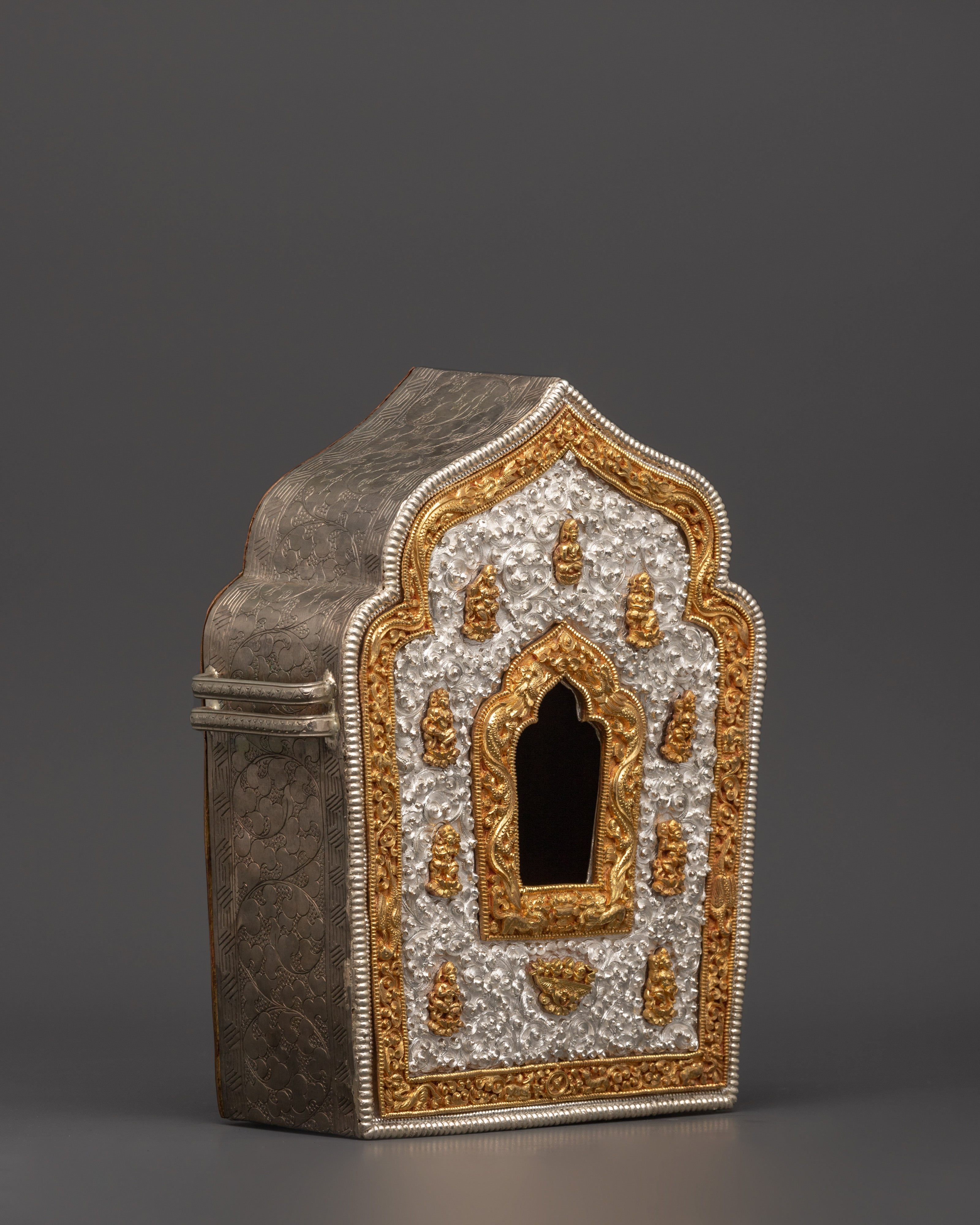 Buddhist Portable Ghau Box | Gold & Silver-Plated Copper Shrine Box